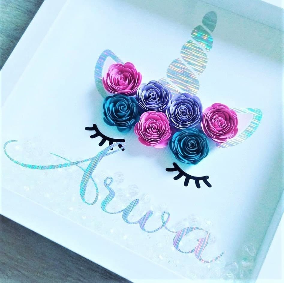 Unicorn Personalized 9X9 Flower shadow boxes, beads, Name shadow box, custom shadow boxes, paper flowers, Custom Name shadow box, flowers - image 3