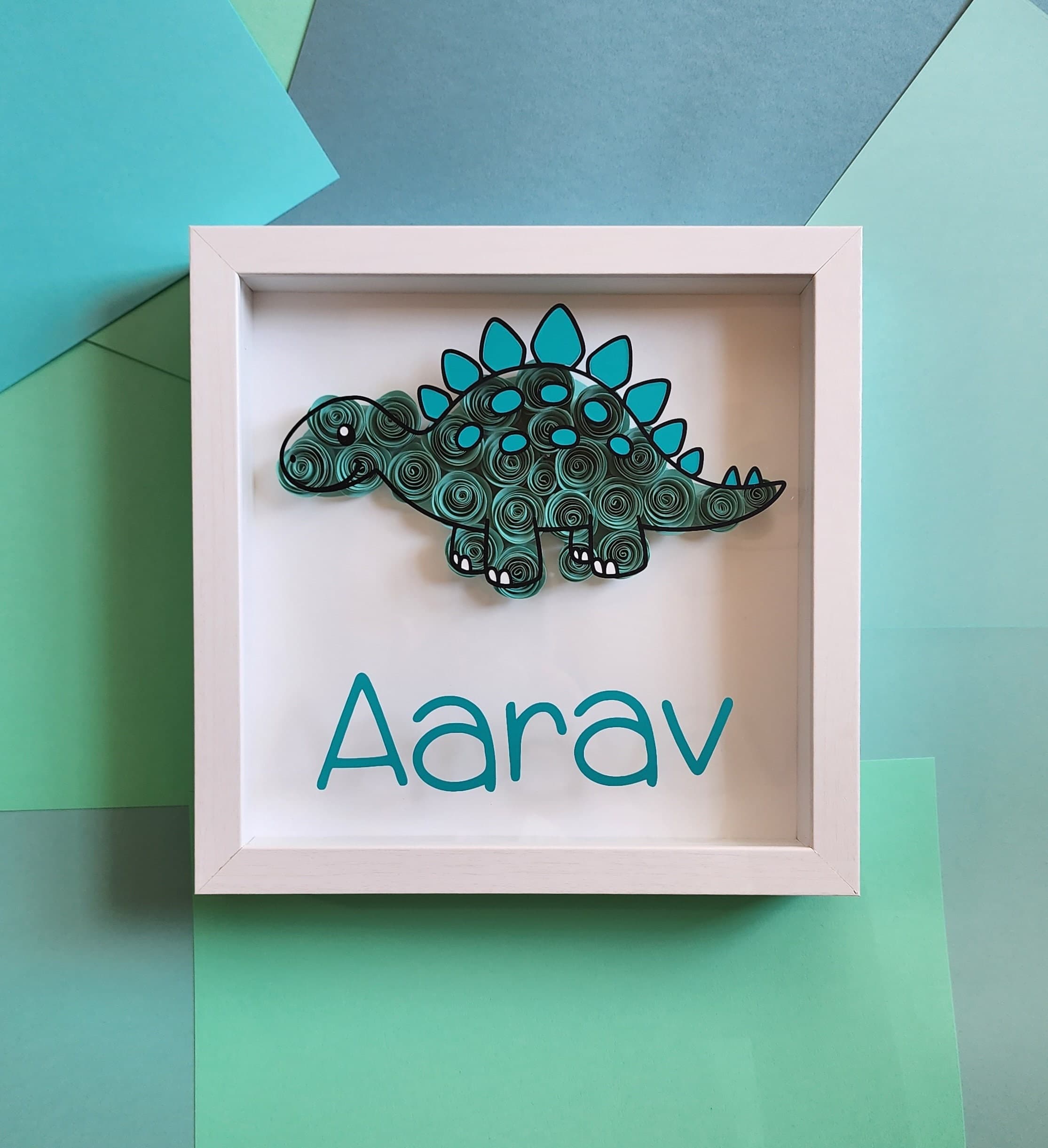 Dinosaur Personalized 9X9 Flower shadow boxes, Dino, Name shadow box, custom shadow boxes, paper flowers, Custom Name shadow box, flowers