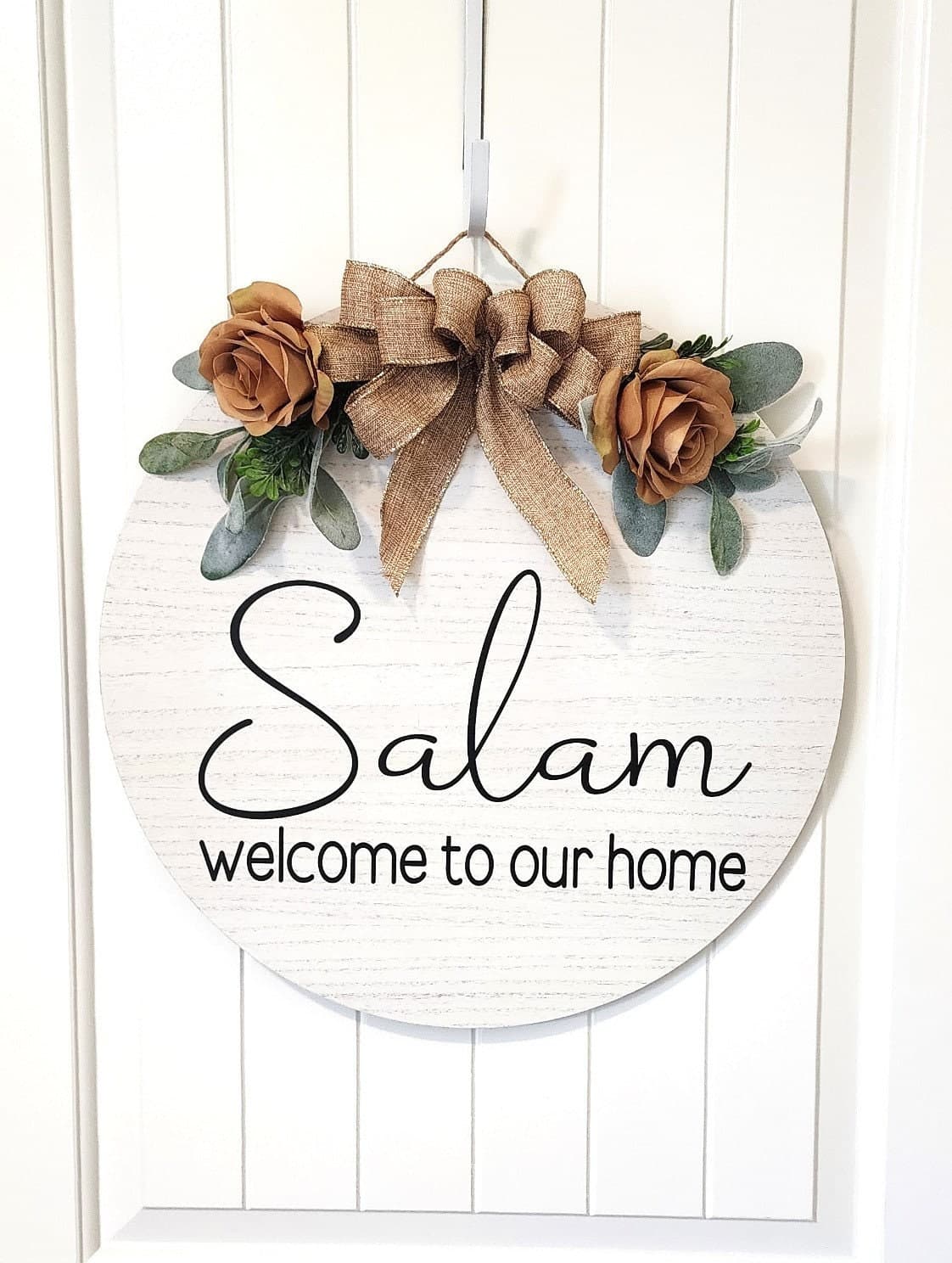 Salam Floral Wood Sign, WELCOME, Welcome to our home, Wood Round Welcome Sign, Front Door Décor, Hanger, Door Wreath, Home Décor, wood round - image 3