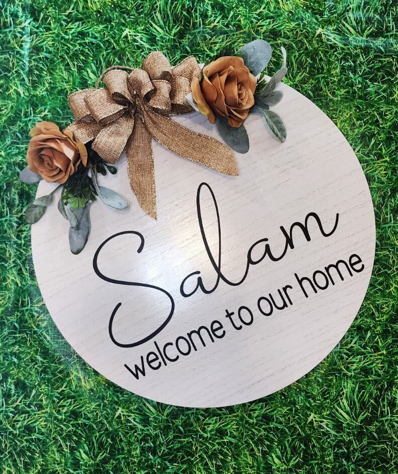 Salam Floral Wood Sign, WELCOME, Welcome to our home, Wood Round Welcome Sign, Front Door Décor, Hanger, Door Wreath, Home Décor, wood round - image 4