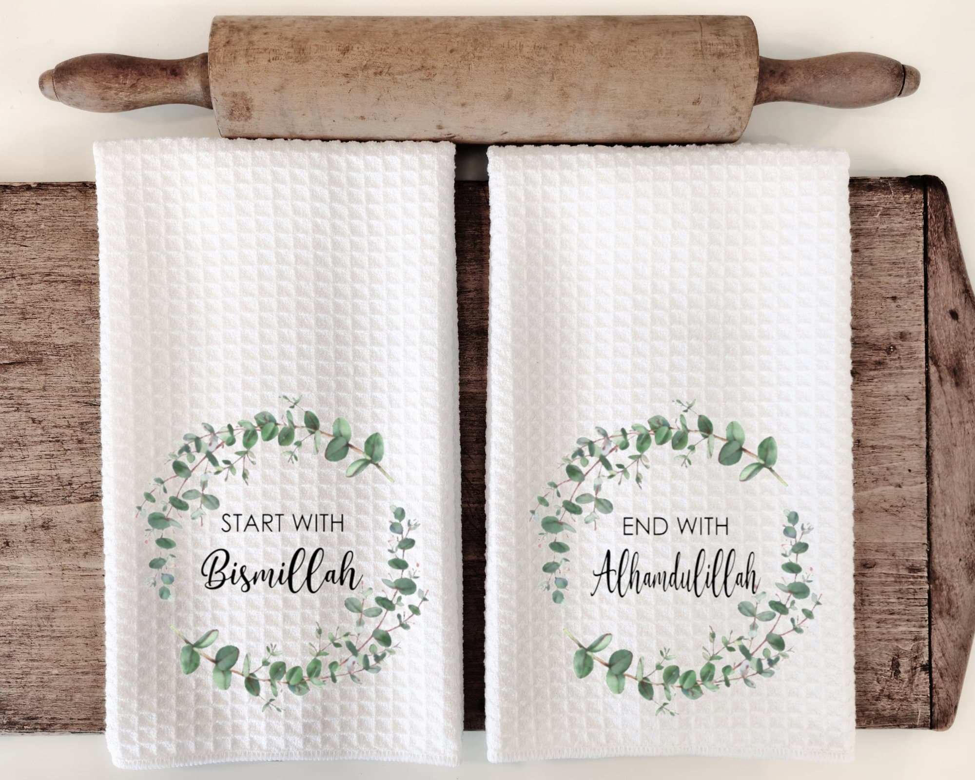 Bismillah Kitchen towel, Custom Waffle Weave Dish Towel, Kitchen Towel, Housewarming Gift, Kitchen Décor, Start with Bismillah,Alhamdulillah
