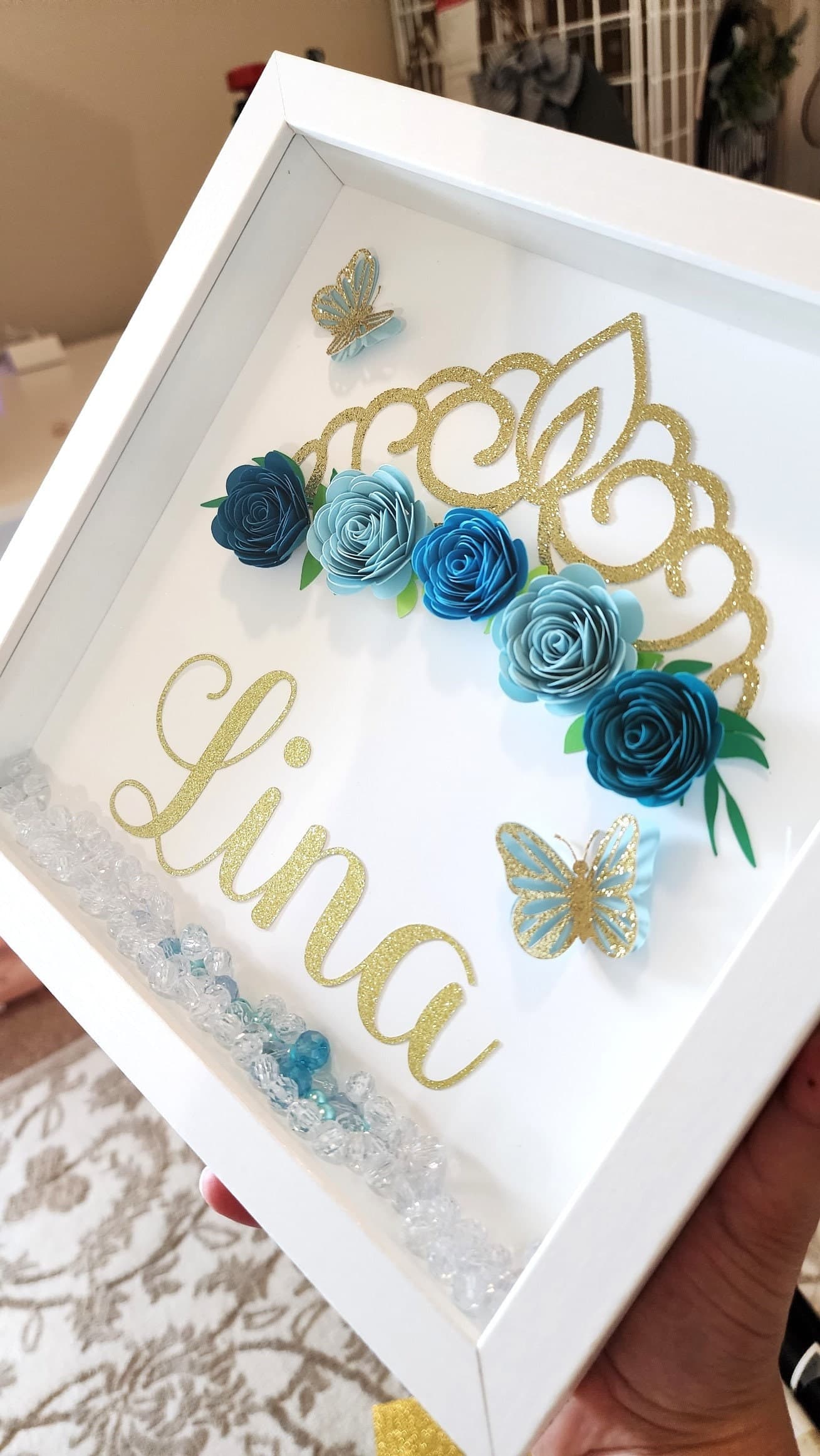 Tiara Shadow Box, Personalized 9X9 Flower shadow box, shadow box, custom shadow boxes, paper flowers, Custom Name shadow box, Gift shadowbox - image 5
