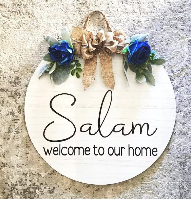 Salam Wood Sign, WELCOME, Welcome to our home, Wood Round Welcome Sign, Front Door Décor, Hanger, Wreath, Home Décor, wood round, Islamic
