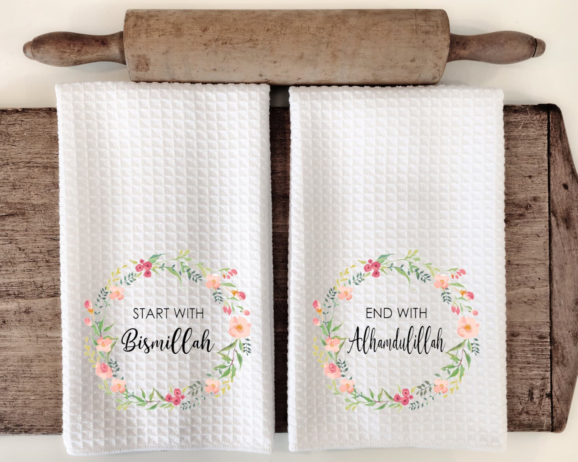 Bismillah Kitchen towel, Custom Waffle Weave Dish Towel, Kitchen Towel, Housewarming Gift, Kitchen Décor, Start with Bismillah,Alhamdulillah - image 3