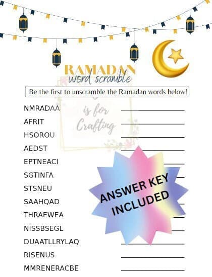 Ramadan Word Scramble Printable worksheet, Word Scramble, Ramadan Game, Printable Activity, Instant Download Family Games for Ramadan, Eid
