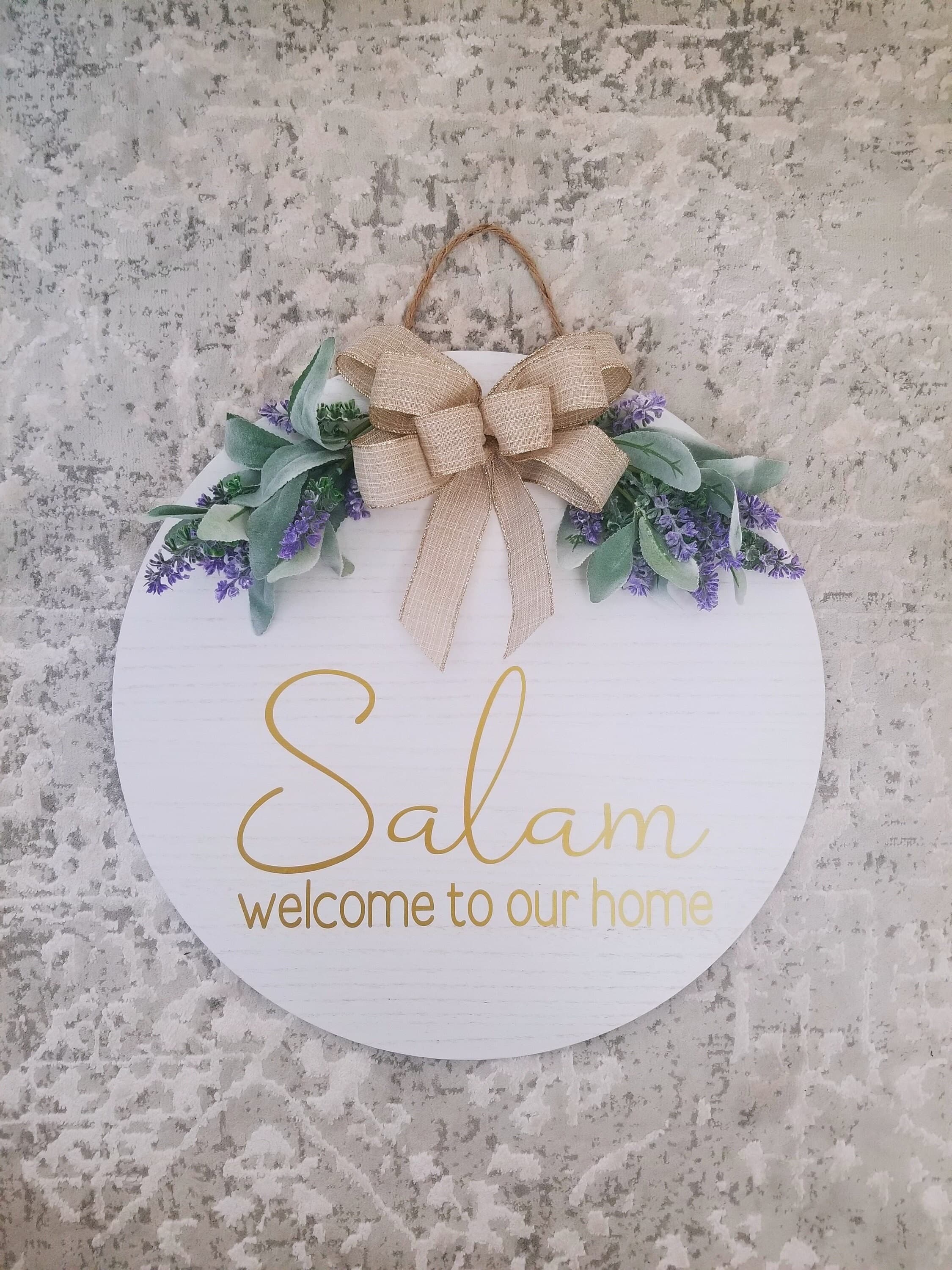 Salam Lavender Sign, WELCOME, Welcome to our home, Wood Round Welcome Sign, Front Door Décor, Hanger, Door Wreath, Home Décor, wood round