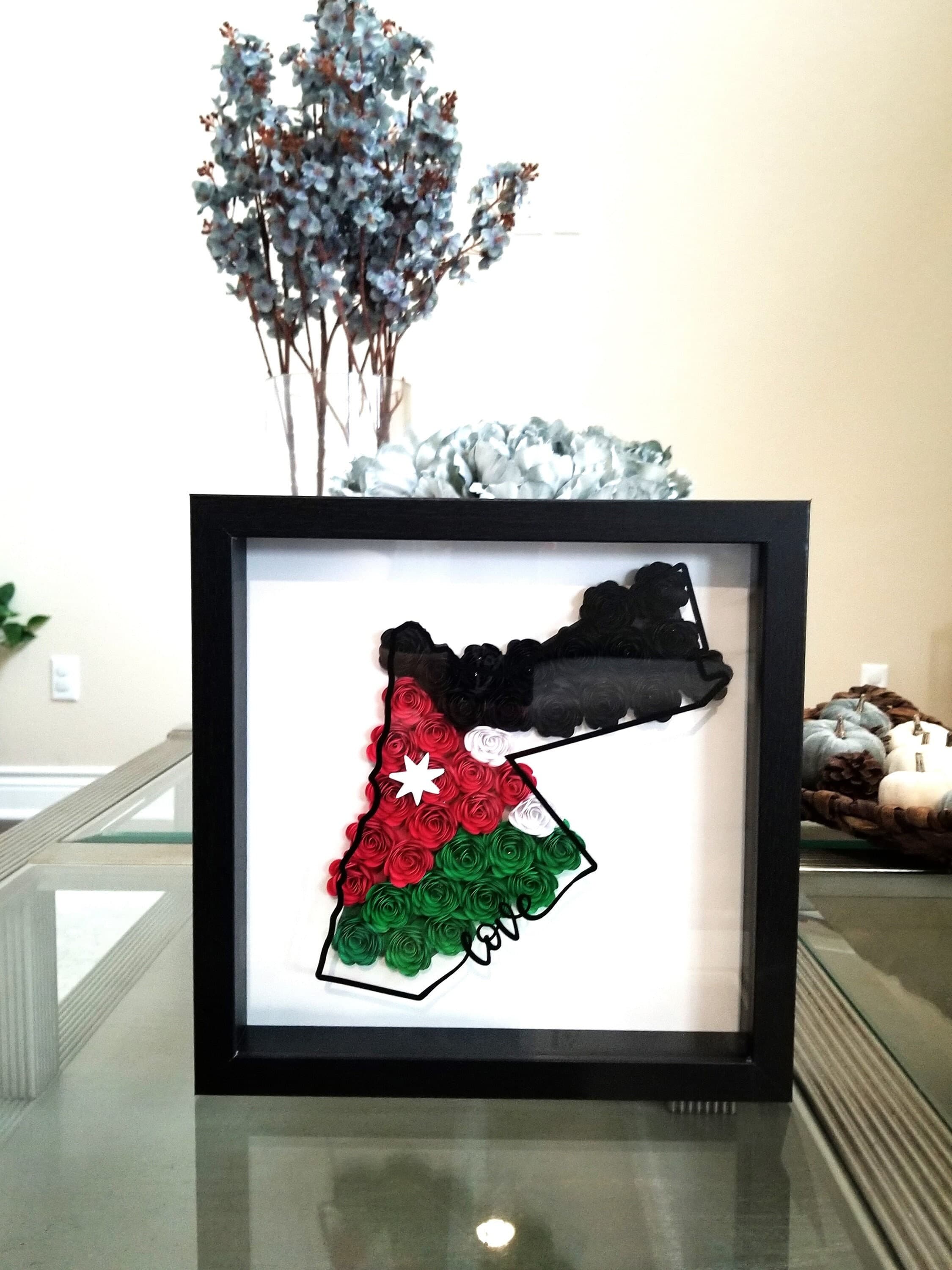 Jordan map 9X9 Flower shadow box, shadow box, custom shadow boxes, paper flowers, shadow box, paper flowers, Jordanian, Nashmi, Nashama