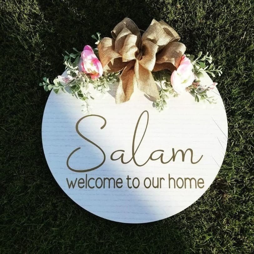 Welcome to our home, Salam Door Sign, WELCOME, Wood Round Welcome Sign, Front Door Décor, Hanger, Door Wreath, Home Décor, Islamic Décor - image 4