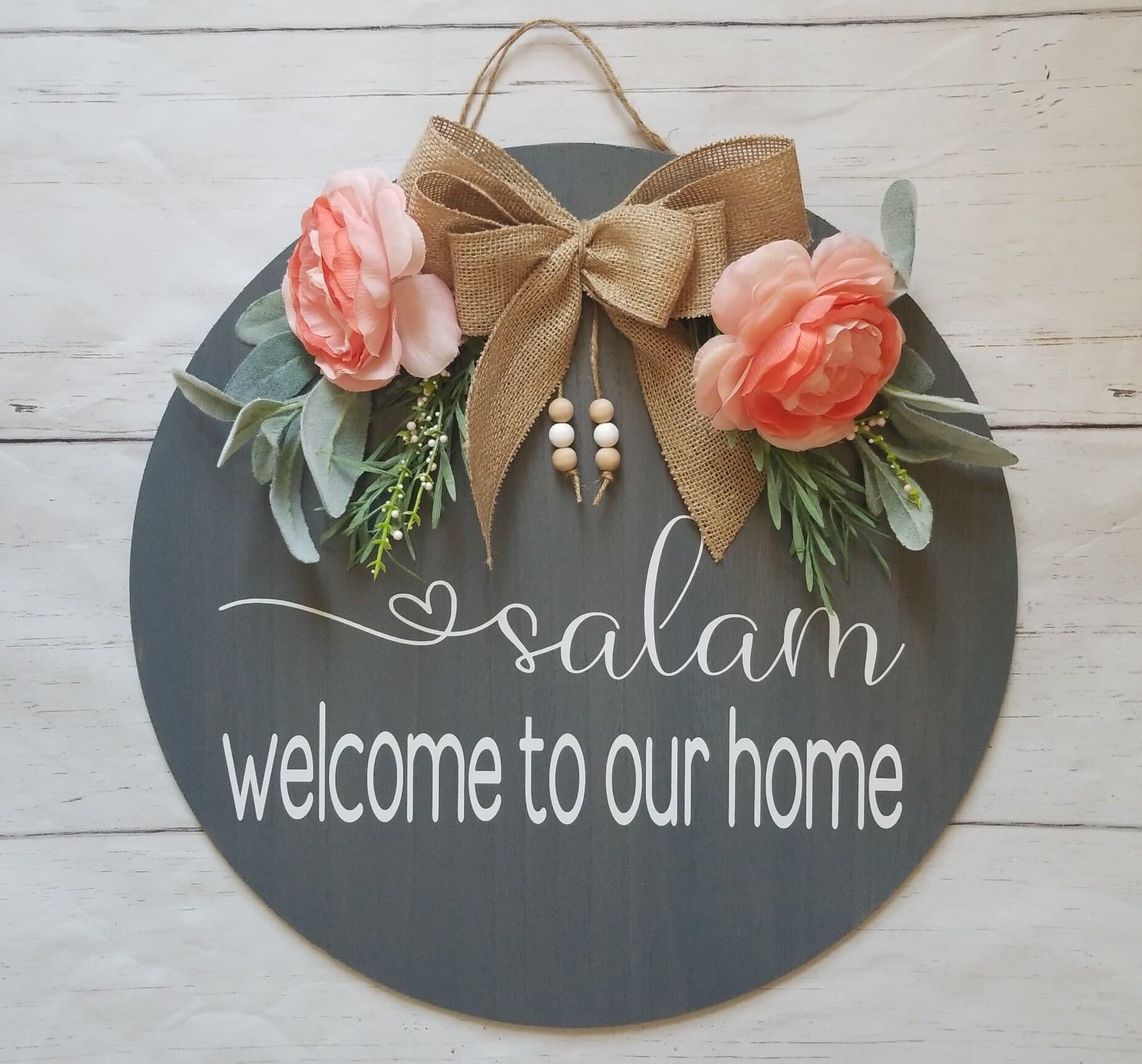 Salam Door Sign, WELCOME, Welcome to our home, Wood Round Welcome Sign, Front Door Décor, Hanger, Beaded sign, Home Décor, Gray wood round - image 4