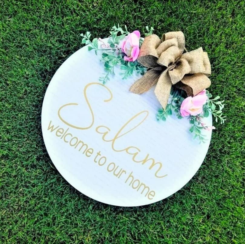 Welcome to our home, Salam Door Sign, WELCOME, Wood Round Welcome Sign, Front Door Décor, Hanger, Door Wreath, Home Décor, Islamic Décor