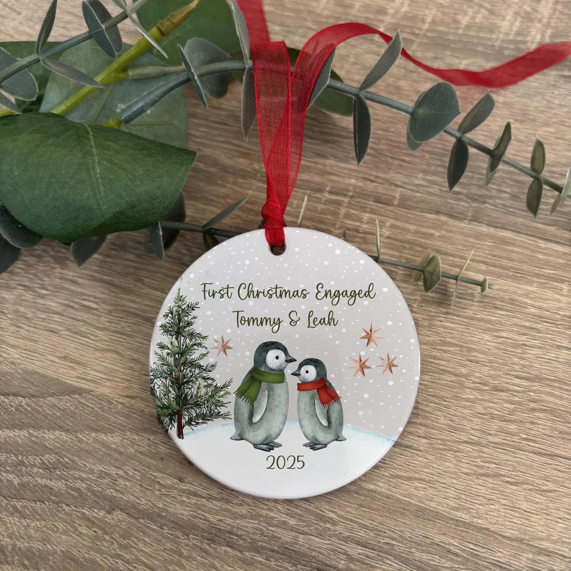 Personalised 2026 First Christmas Engaged Bauble, Custom 1st Xmas Engaged Ornament, Keepsake, Engaged Couple Gift / Present, Penguin