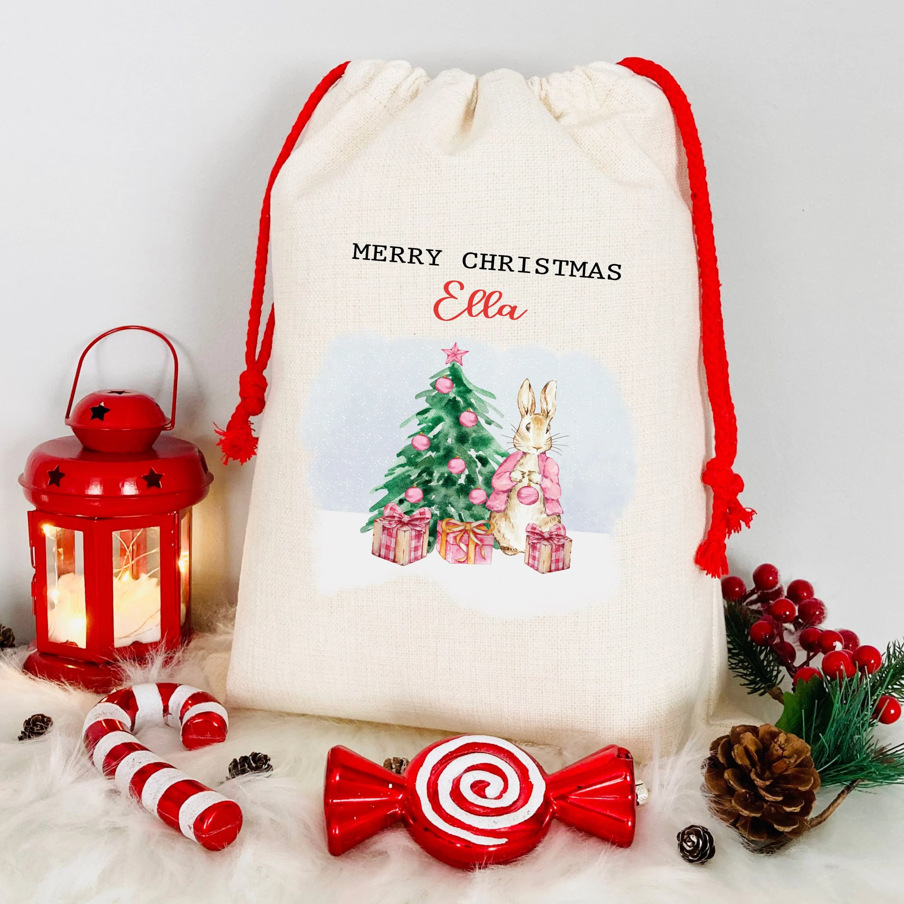 Personalised Christmas Sack, christmas sack, cartoon rabbit gift sack bag, custom name christmas drawstring sack, santa gift custom bag