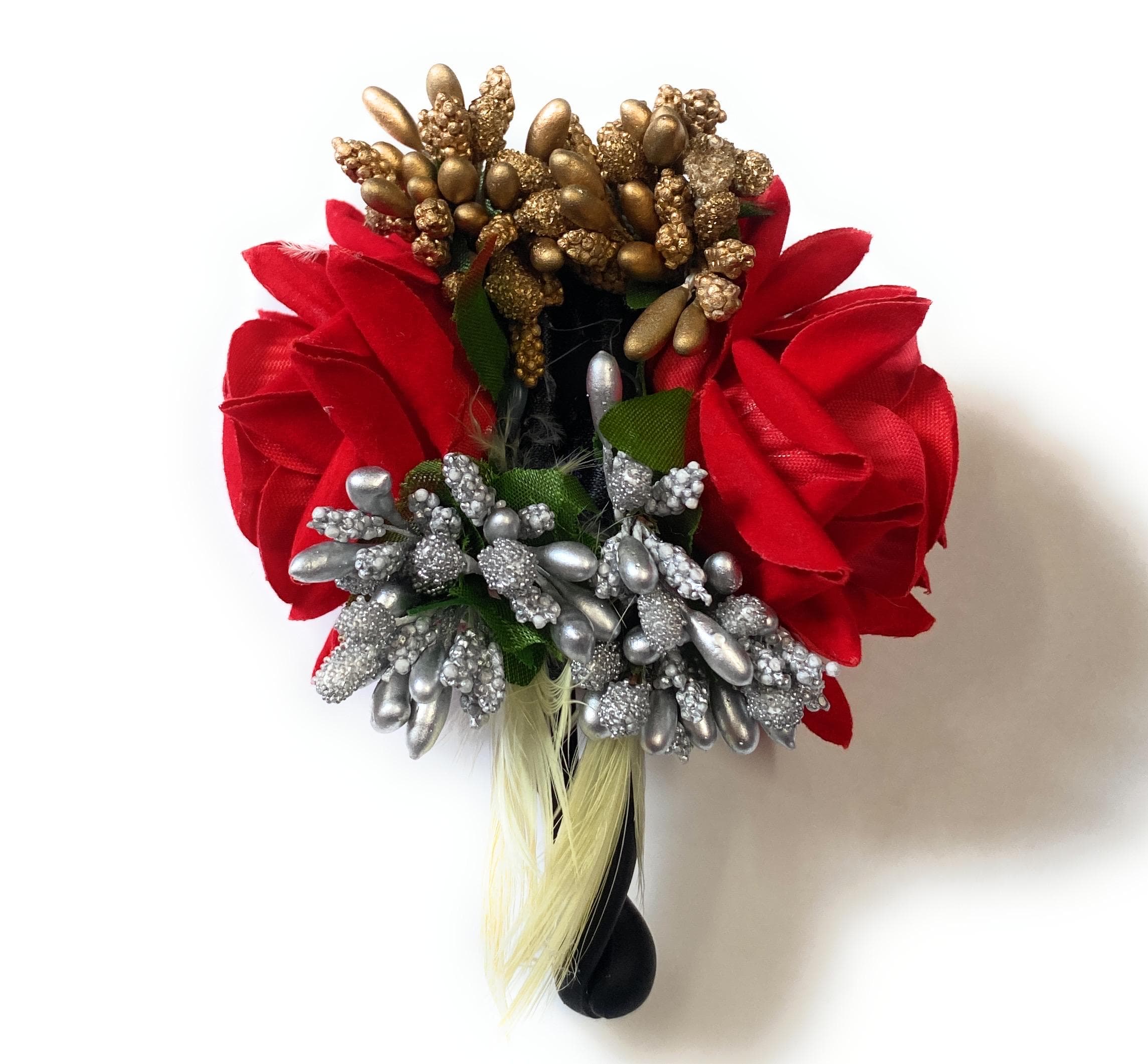 Red Floral Hair Clip with Gold & Silver Glitter Accents - image 2