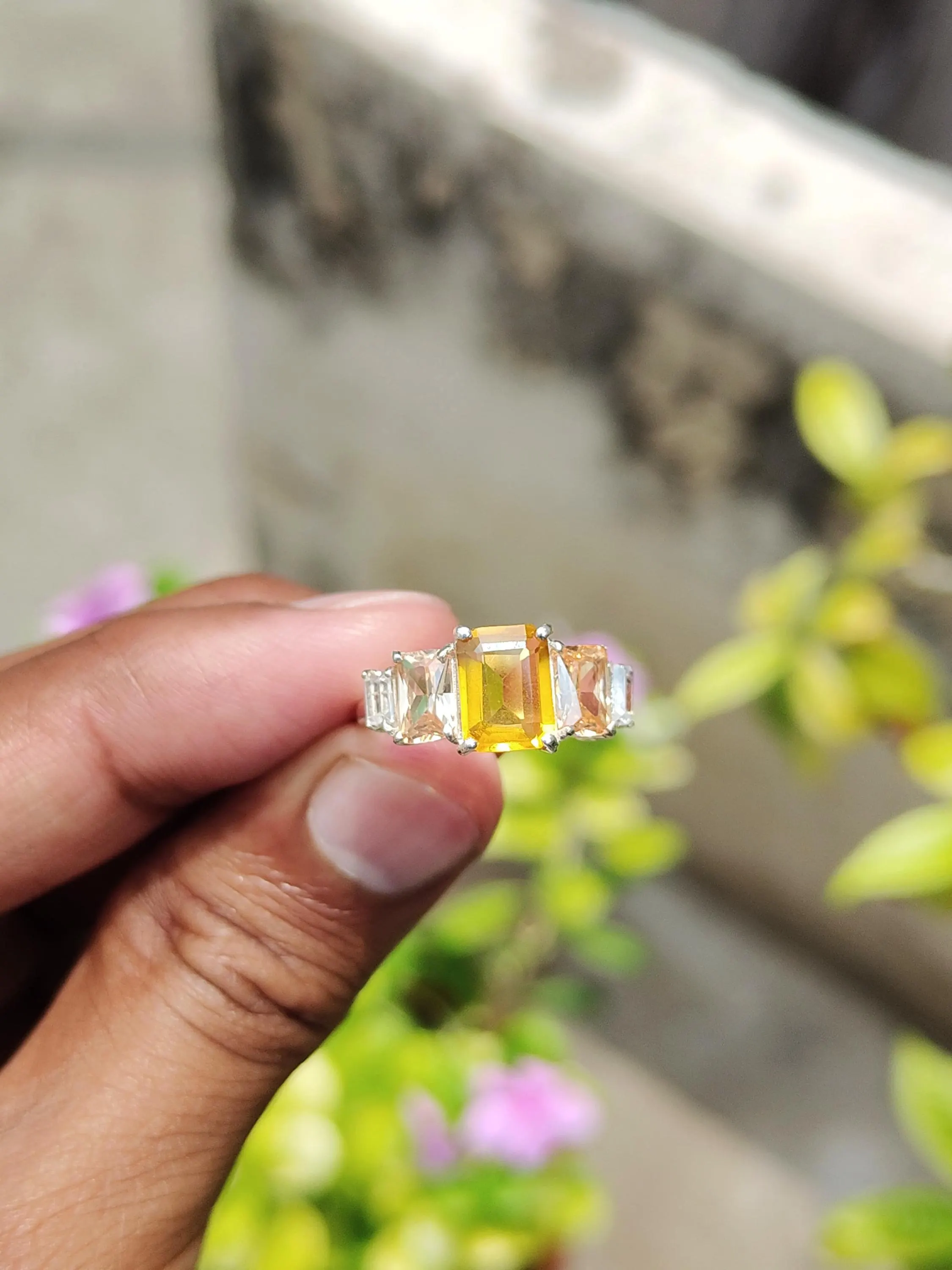 Emerald Cut Yellow Sapphire Ring: Diamond Accent, Sterling Silver