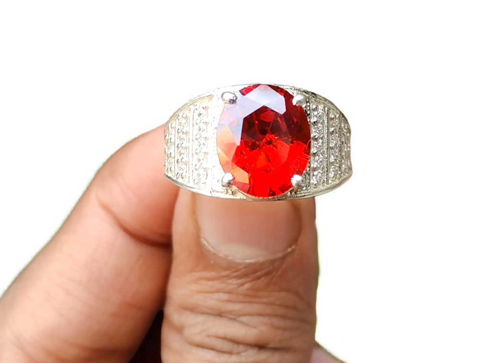 Oval Burma Ruby Ring with Diamond Accents - Sterling Silver