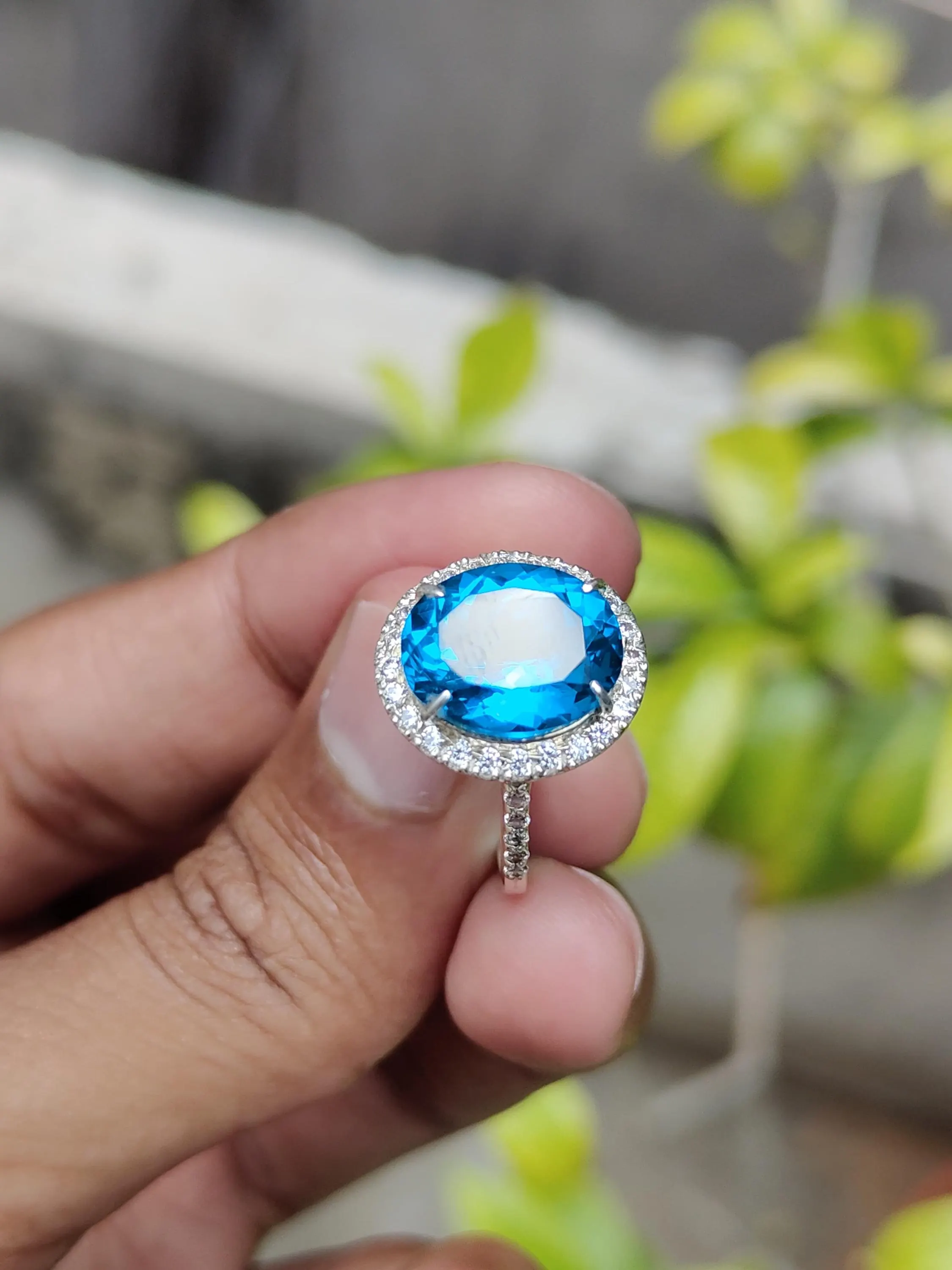 Lab Aquamarine Ring, Diamond Halo, Sterling Silver Engagement Ring - image 3
