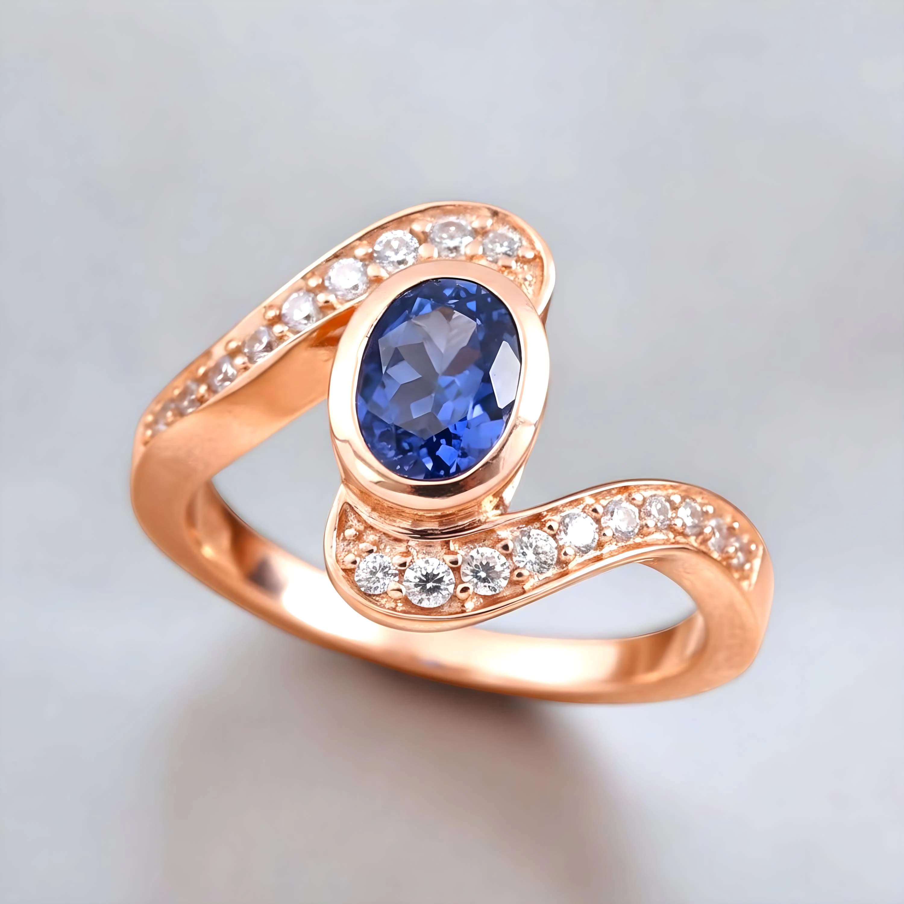 Oval Tanzanite Ring: Rose Gold Sterling Silver Swirl Band