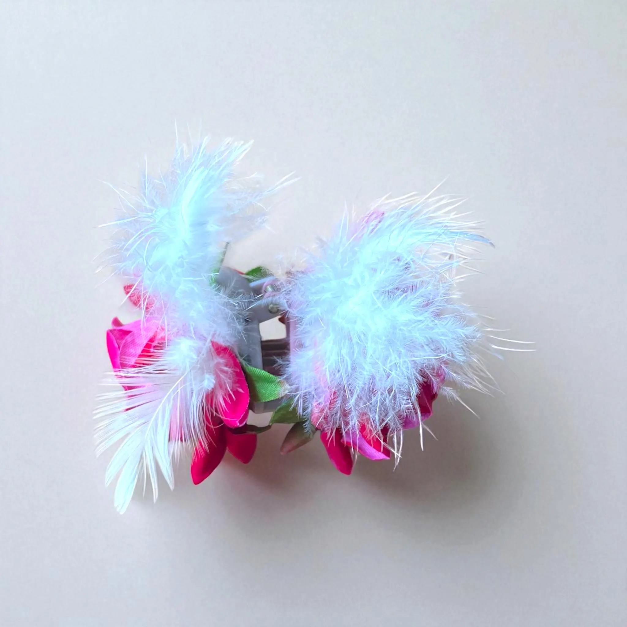 Fuchsia Rose Hair Claw Clip: Feather Accent, Tropical Vibe - image 2