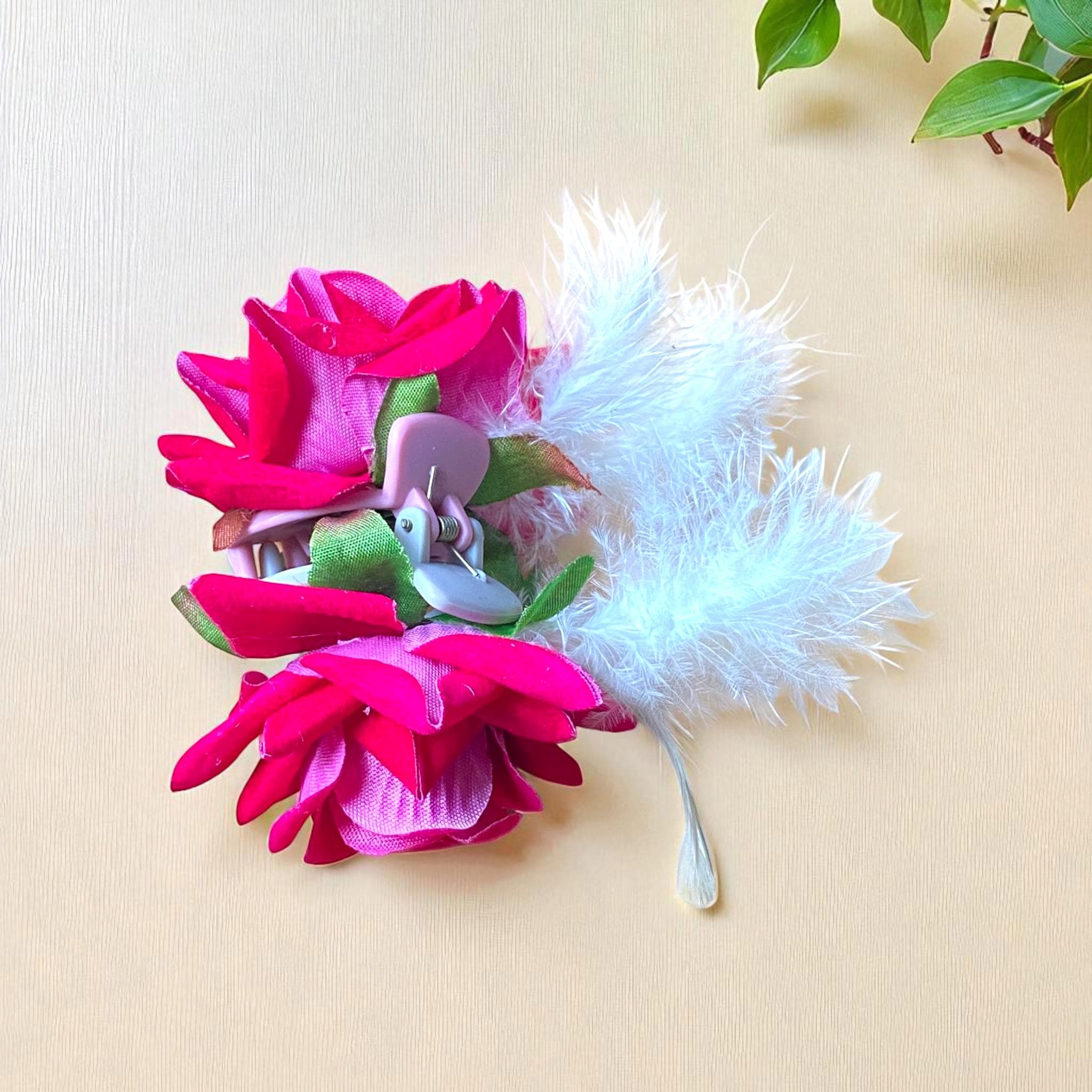 Fuchsia Rose Hair Claw Clip: Feather Accent, Tropical Vibe - image 3