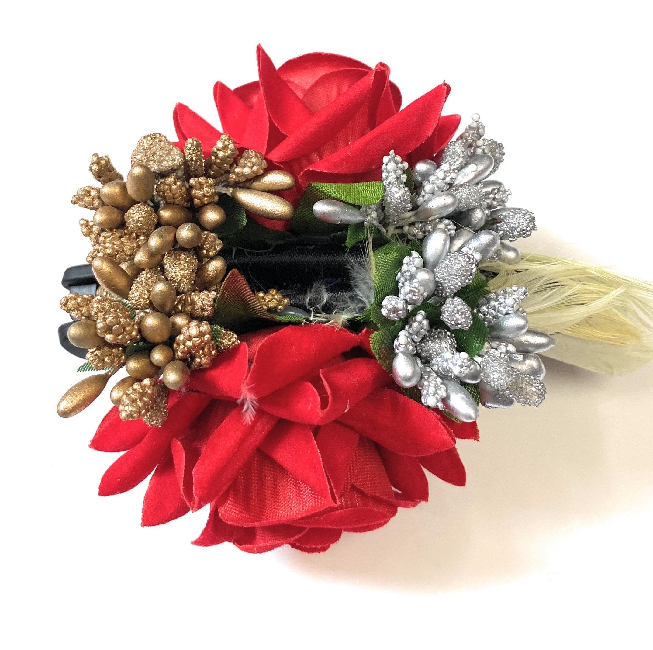Red Floral Hair Clip with Gold & Silver Glitter Accents - image 3
