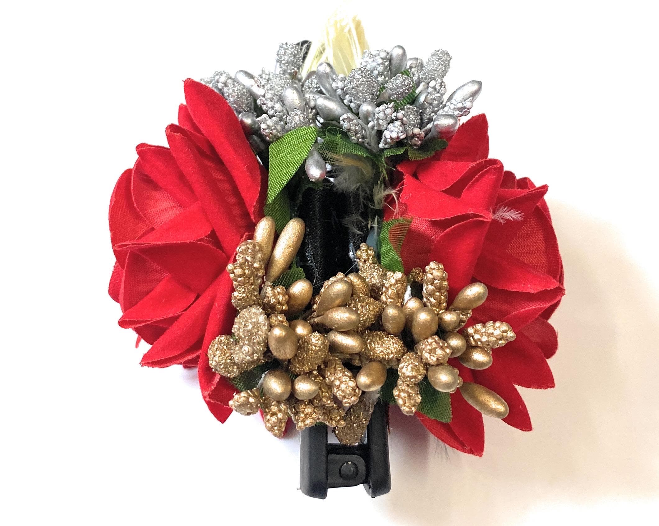 Red Floral Hair Clip with Gold & Silver Glitter Accents