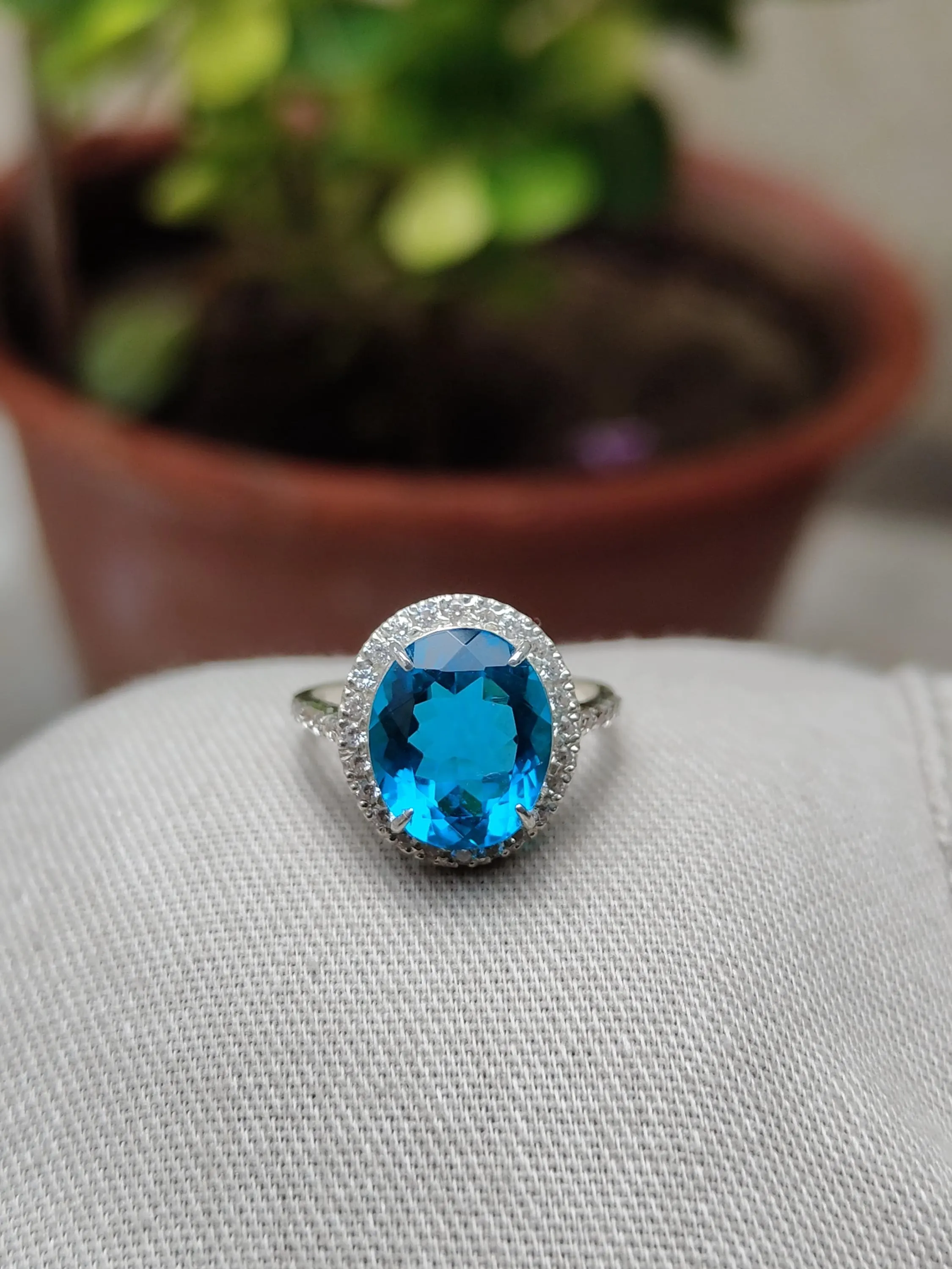 Lab Aquamarine Ring, Diamond Halo, Sterling Silver Engagement Ring - image 4