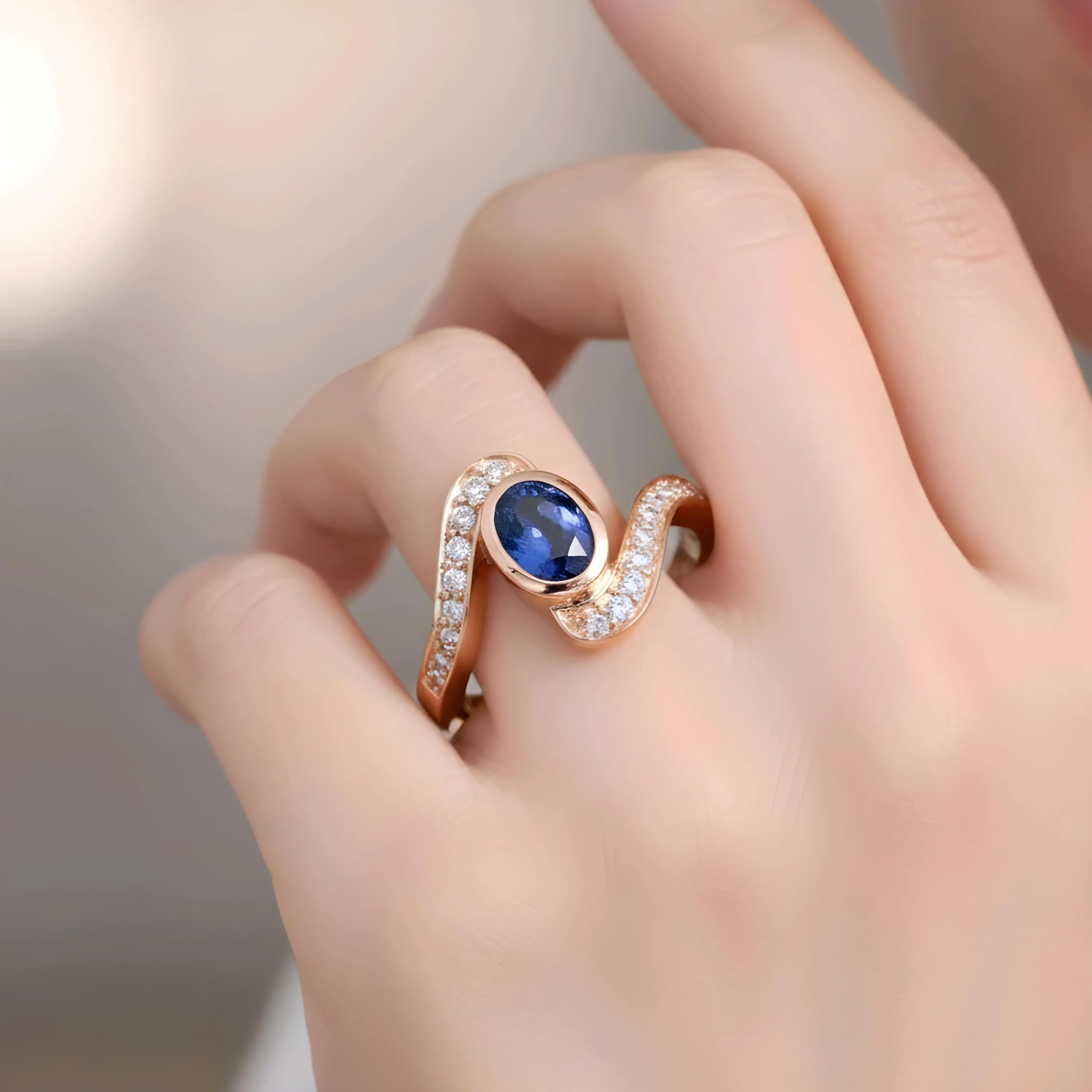 Oval Tanzanite Ring: Rose Gold Sterling Silver Swirl Band - image 2