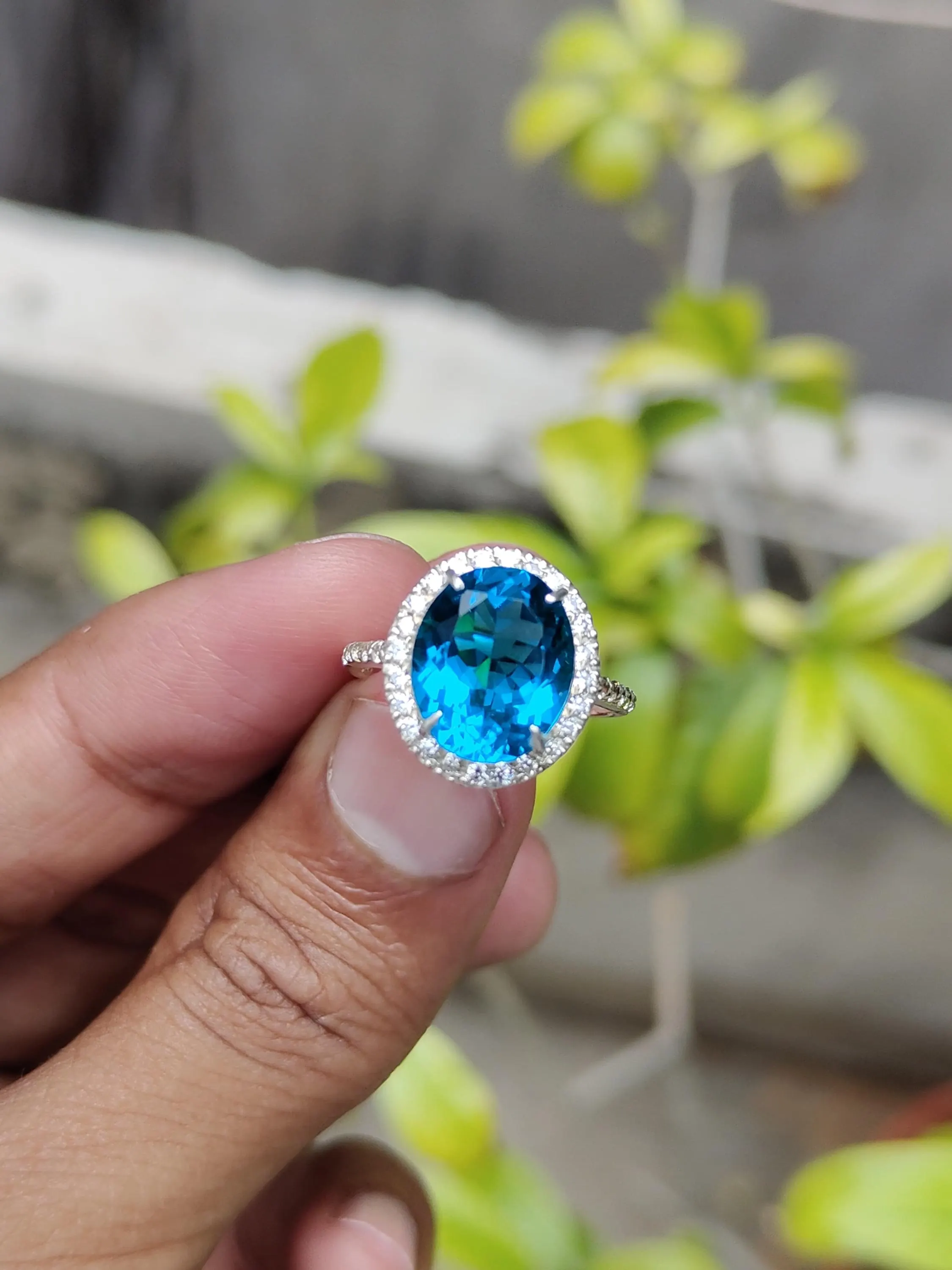 Lab Aquamarine Ring, Diamond Halo, Sterling Silver Engagement Ring