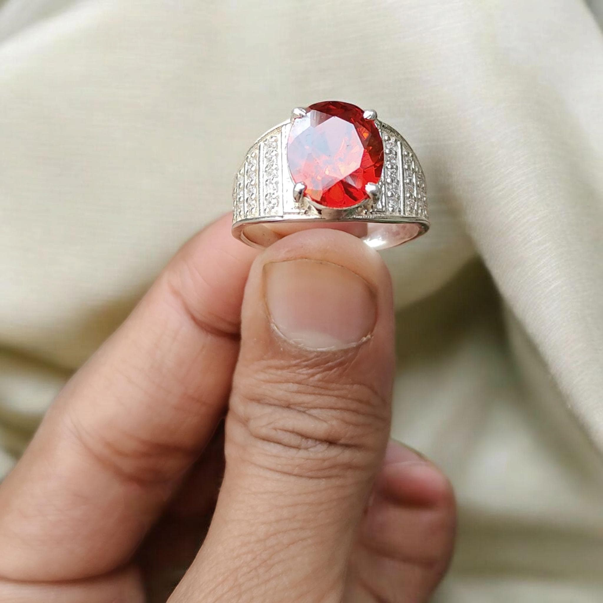 Oval Burma Ruby Ring with Diamond Accents - Sterling Silver - image 2