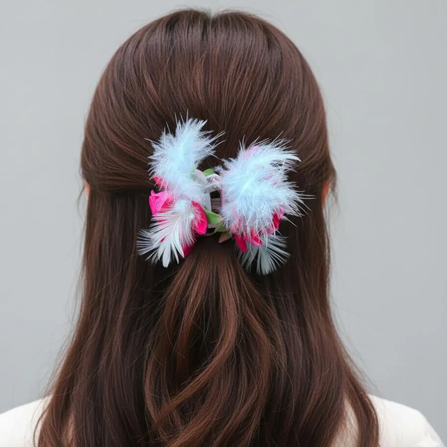 Fuchsia Rose Hair Claw Clip: Feather Accent, Tropical Vibe - image 4