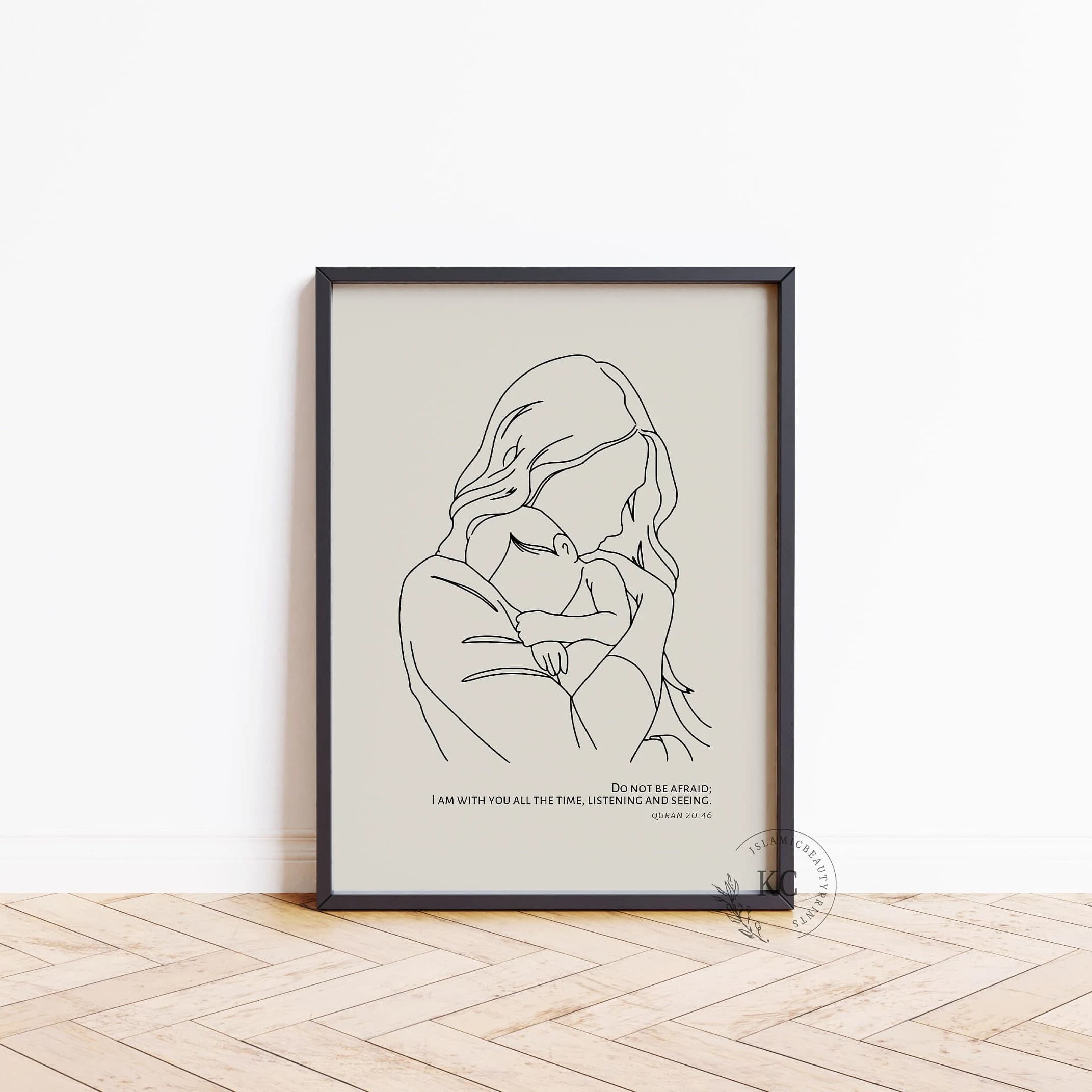 Quran 20:46 | “Do not be afraid; I am with you all the time” | Mother & Baby Line Art | Grey Background | Printable Wall Art | Islamic Print