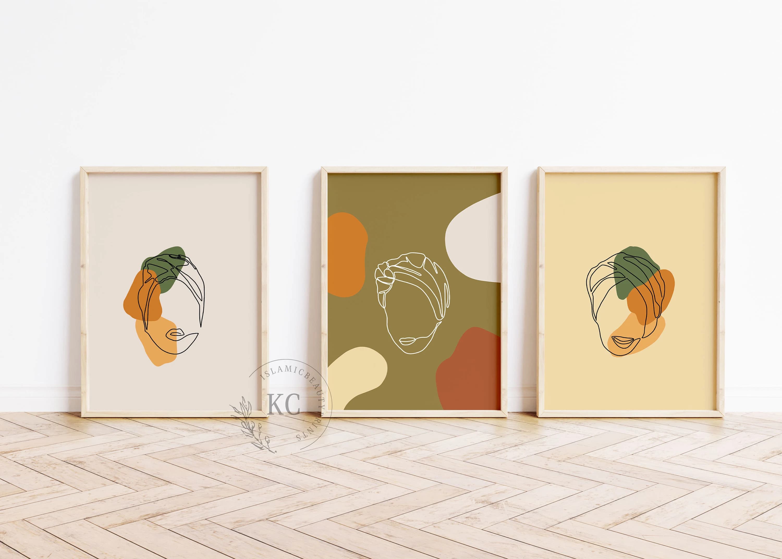 Islamic Digital Print – Hijabi Line Art Set of 3 | Boho Muslim Wall Art | beige, yellow & olive Tones | Hijab Artwork | Instant Download