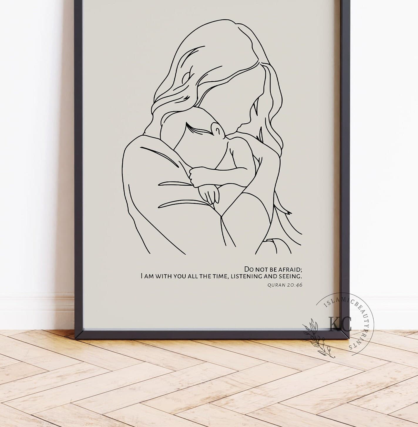 Quran 20:46 | “Do not be afraid; I am with you all the time” | Mother & Baby Line Art | Grey Background | Printable Wall Art | Islamic Print - image 3