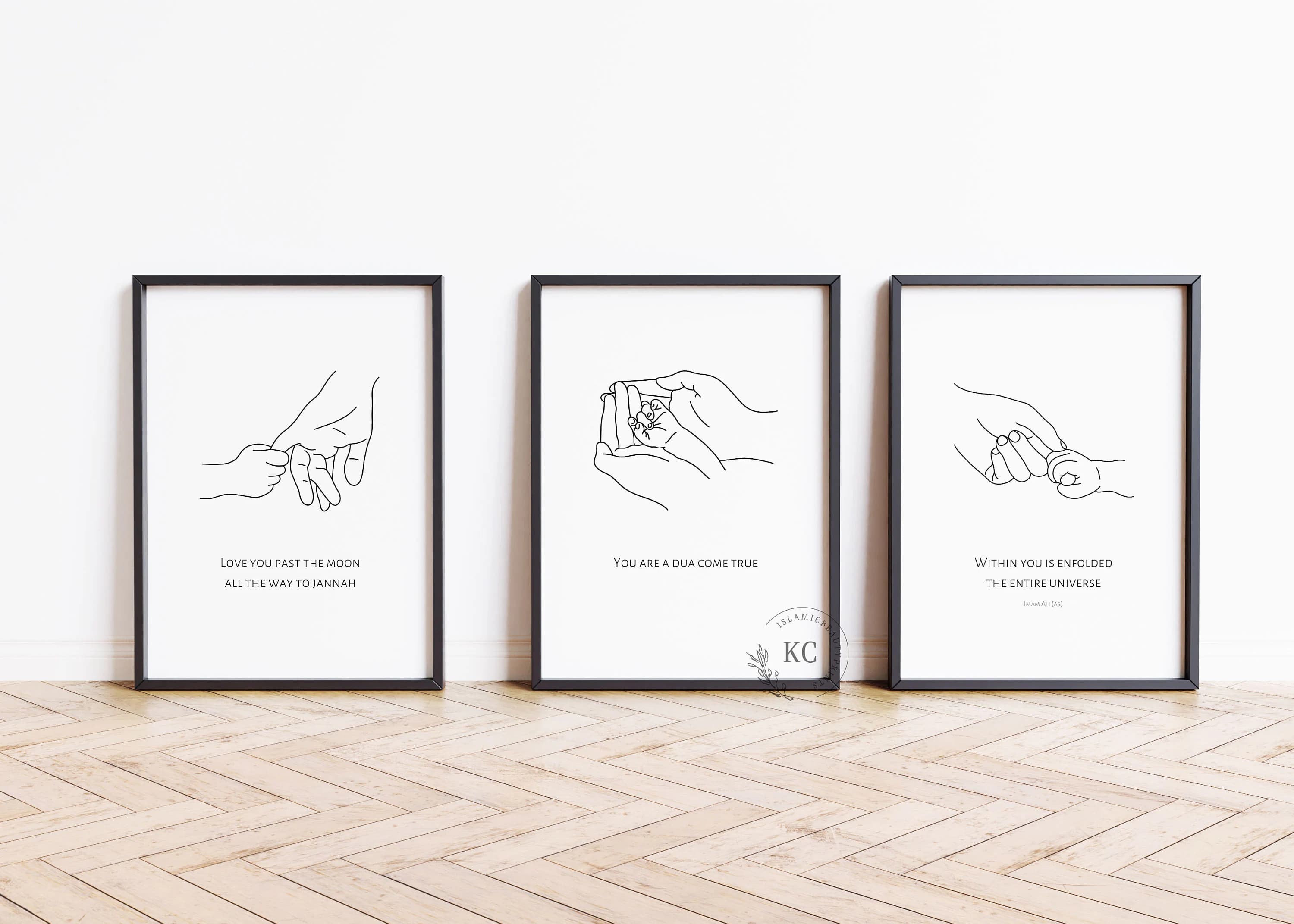 Islamic Nursery Digital Print Set of 3 – Mother & Baby Line Art | Faith-Inspired Quotes | Muslim Baby Room Decor | Printable Wall Art