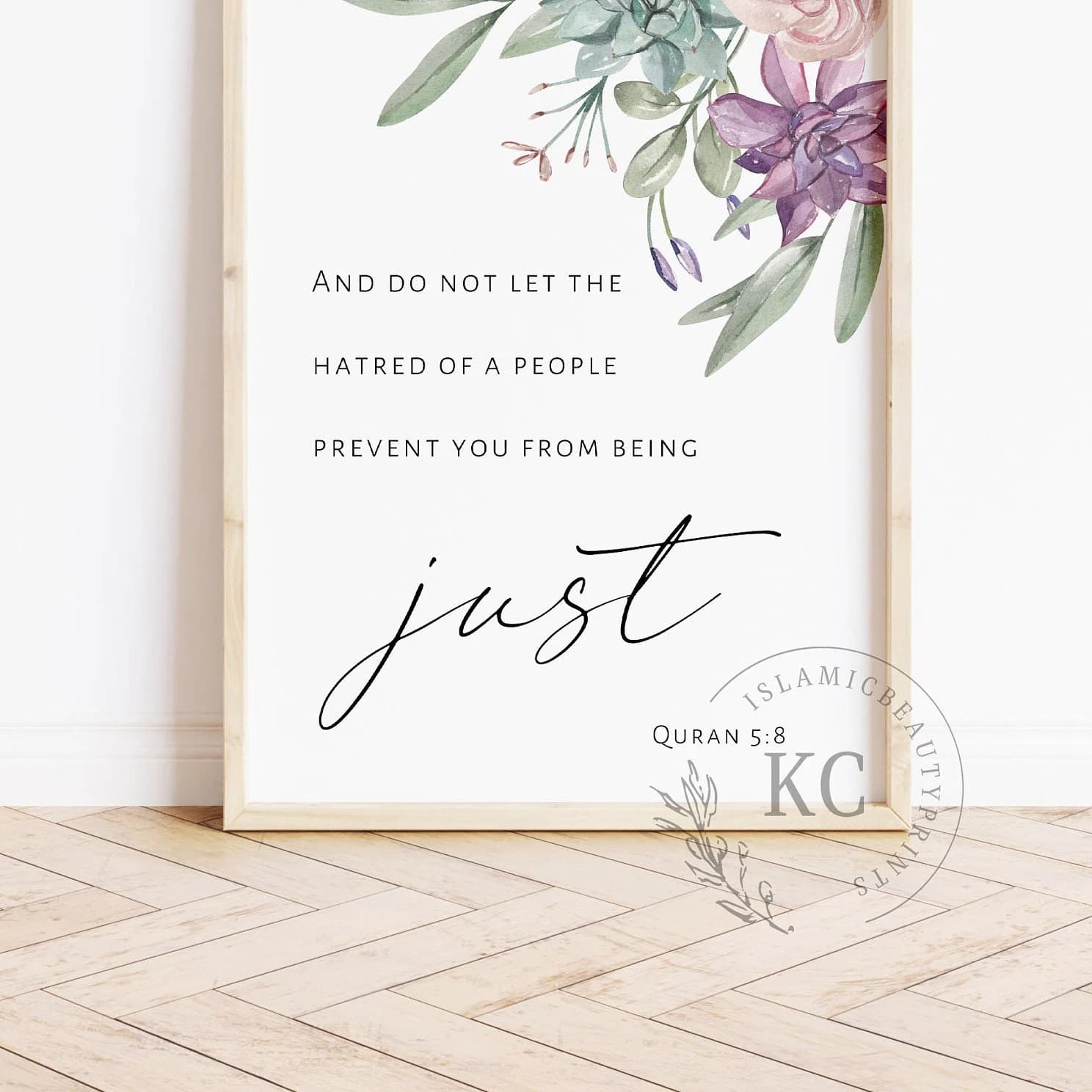 Quran 5:8 And Do Not Let the Hatred of a People Prevent You from Being Just | Arabic & English | Floral Border Wall Art | Muslim Home Decor - image 4