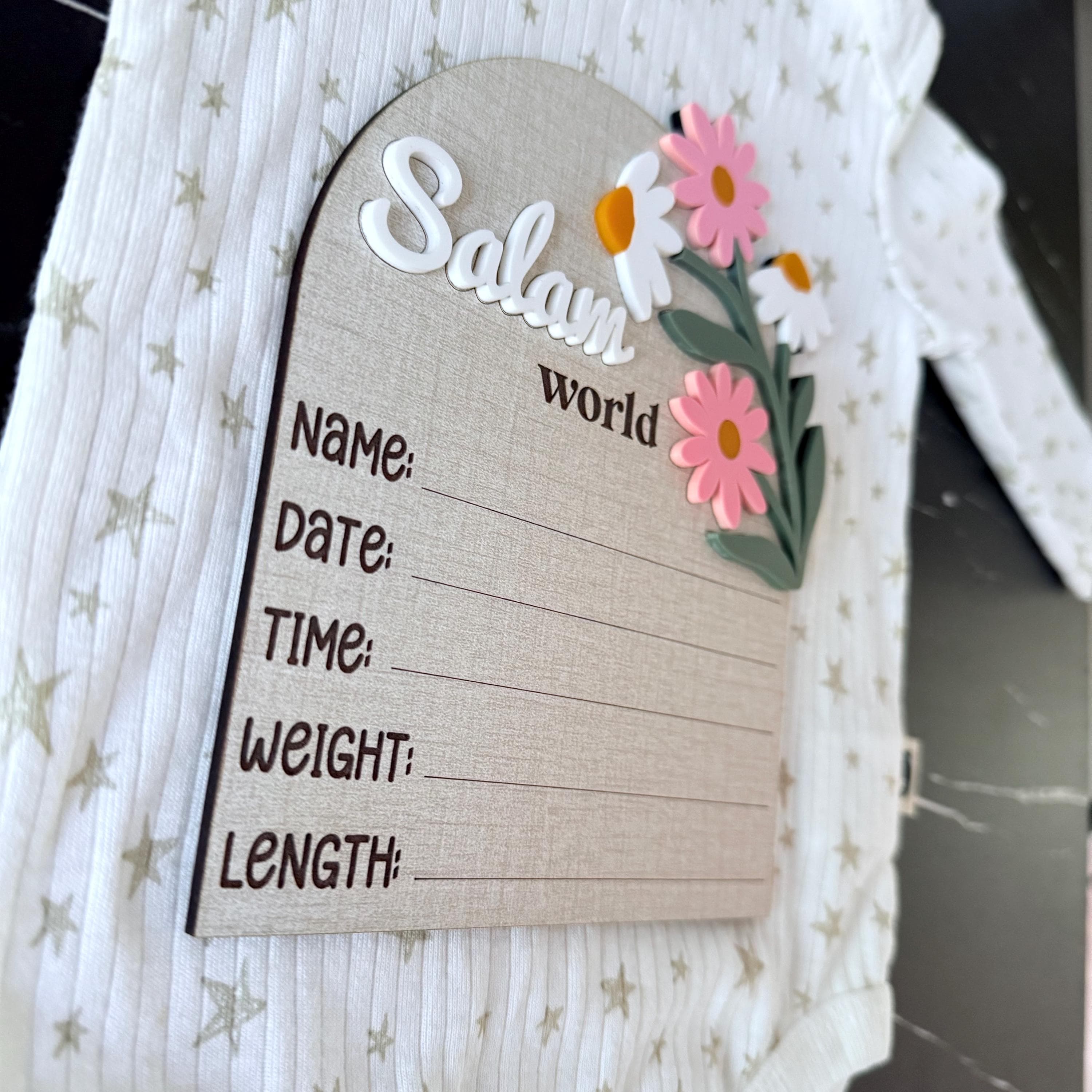 Salam World Baby girl Announcement Sign | Newborn Birth Stat Plaque | Wood & Acrylic Floral Nursery Decor |  Hospital Photo Prop - image 5