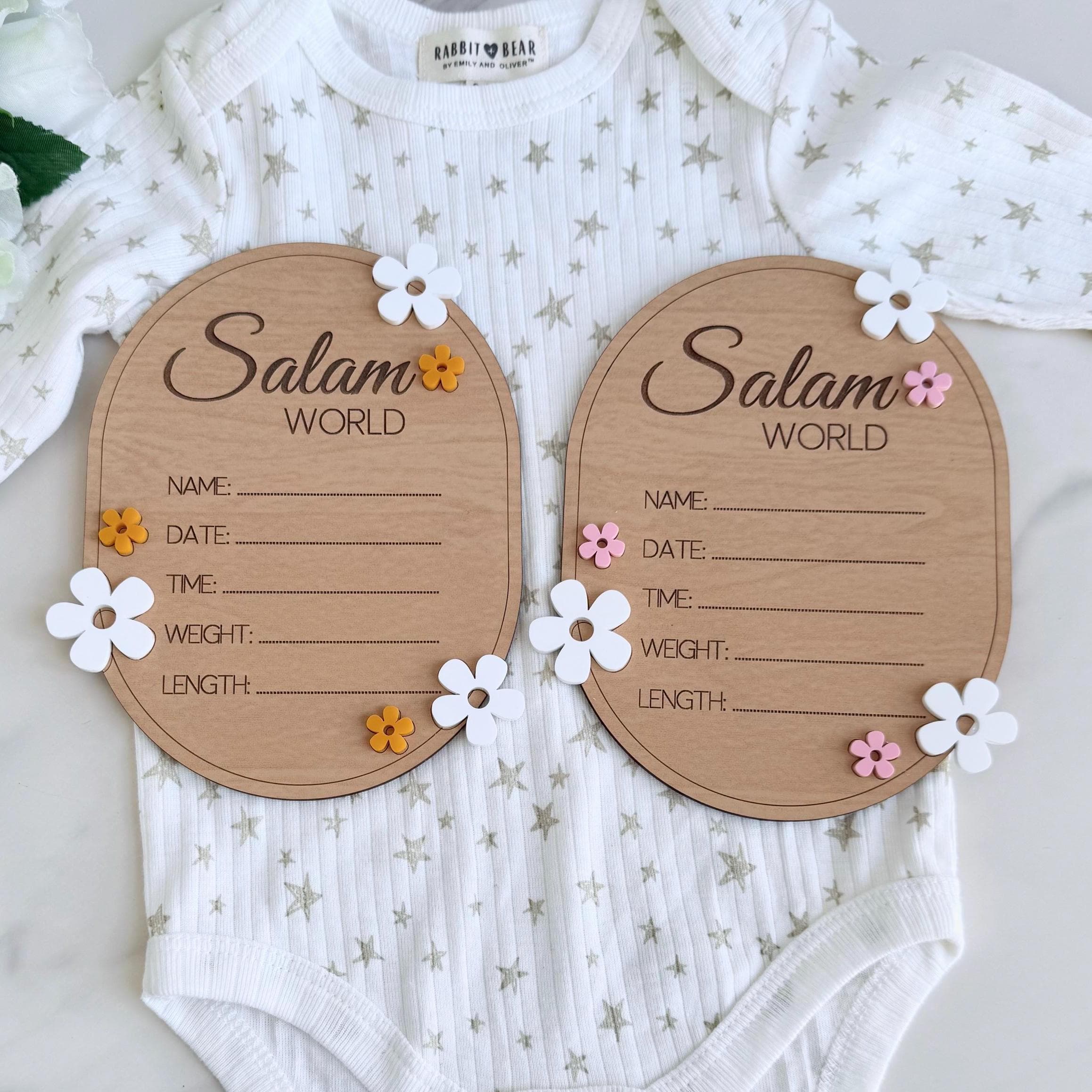 Salam World Baby Announcement Sign | Muslim Newborn Keepsake | Baby Birth Stats Plaque | Hospital Photo Prop | Islamic Baby Gift - image 5
