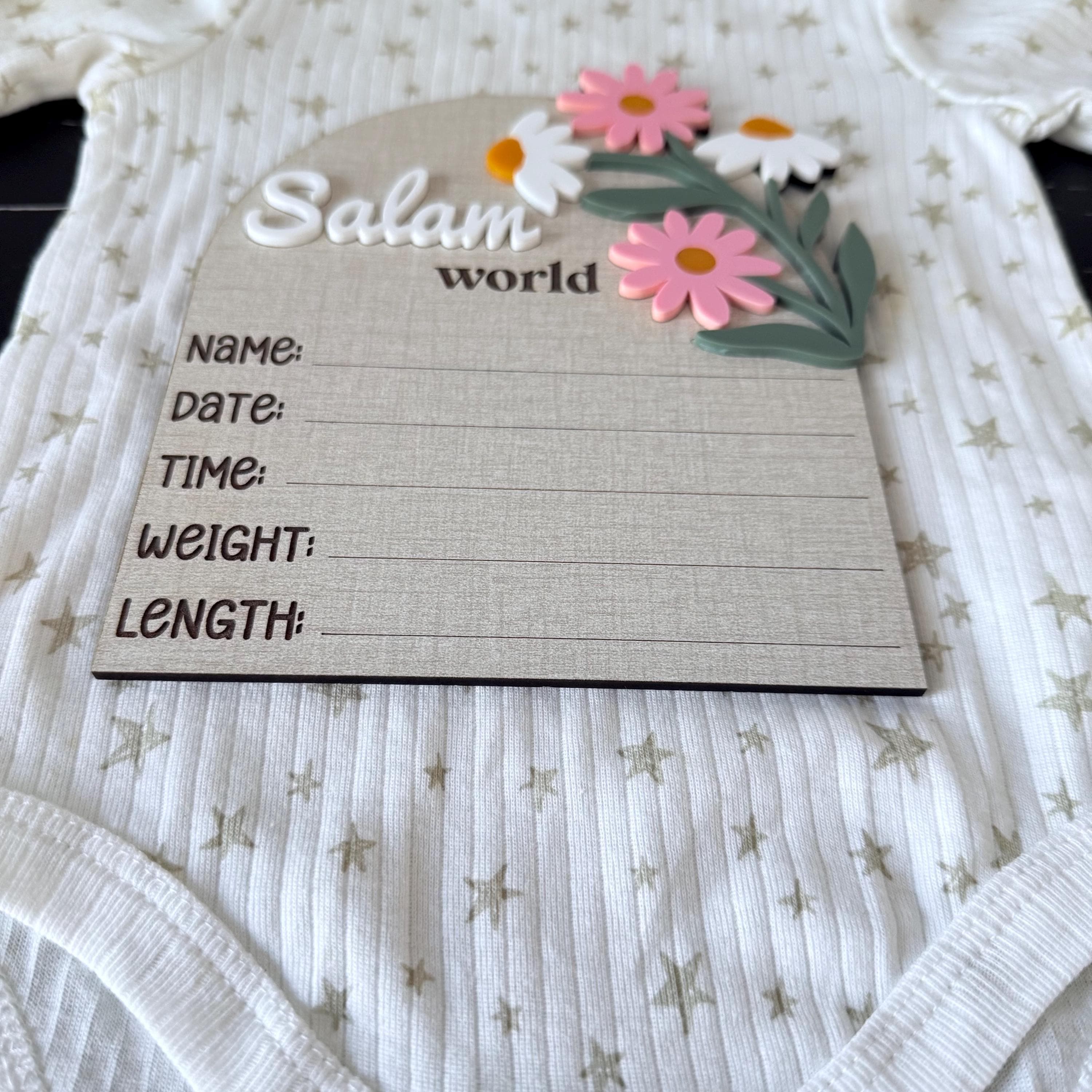 Salam World Baby girl Announcement Sign | Newborn Birth Stat Plaque | Wood & Acrylic Floral Nursery Decor |  Hospital Photo Prop - image 4