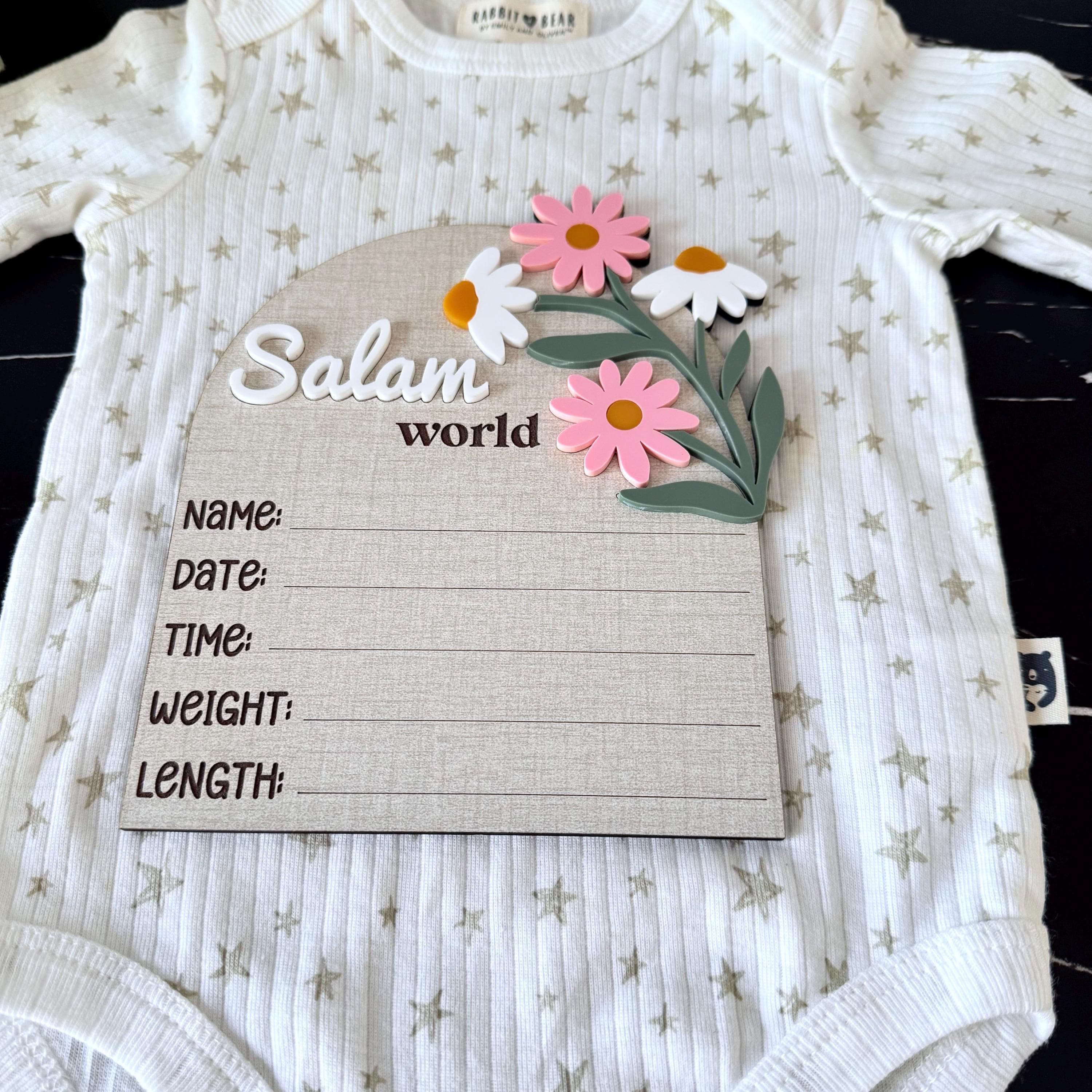 Salam World Baby girl Announcement Sign | Newborn Birth Stat Plaque | Wood & Acrylic Floral Nursery Decor |  Hospital Photo Prop - image 3