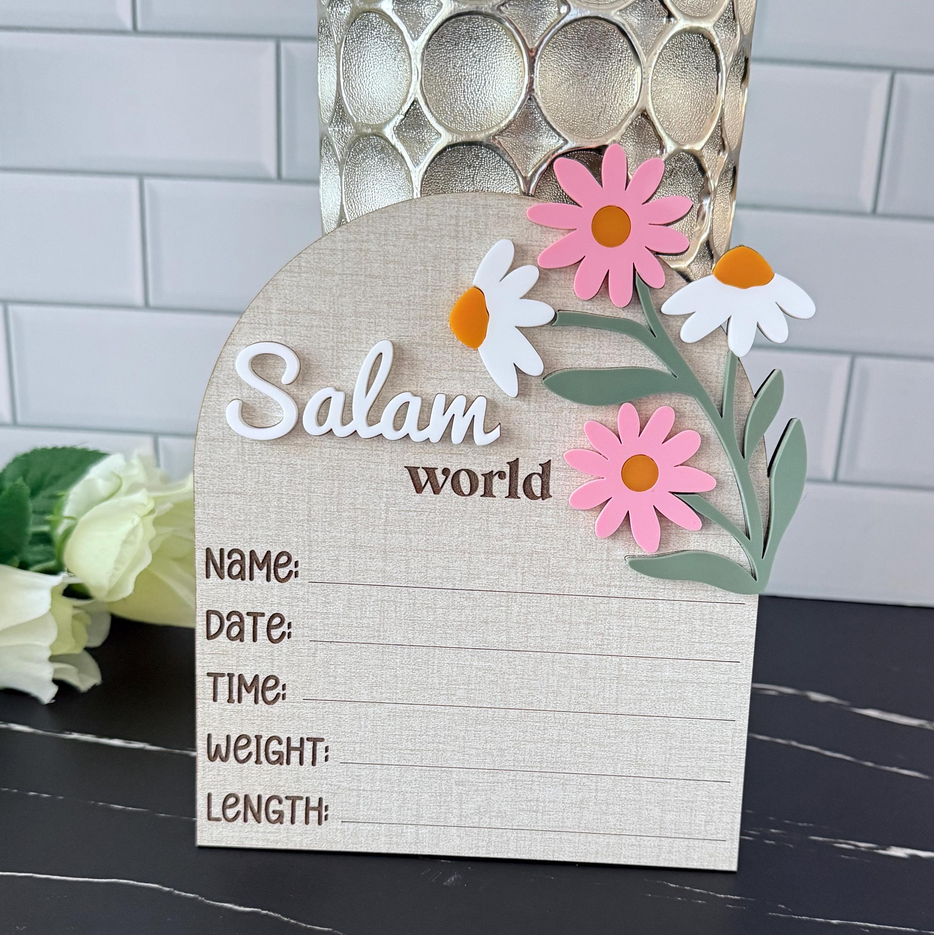 Salam World Baby girl Announcement Sign | Newborn Birth Stat Plaque | Wood & Acrylic Floral Nursery Decor |  Hospital Photo Prop