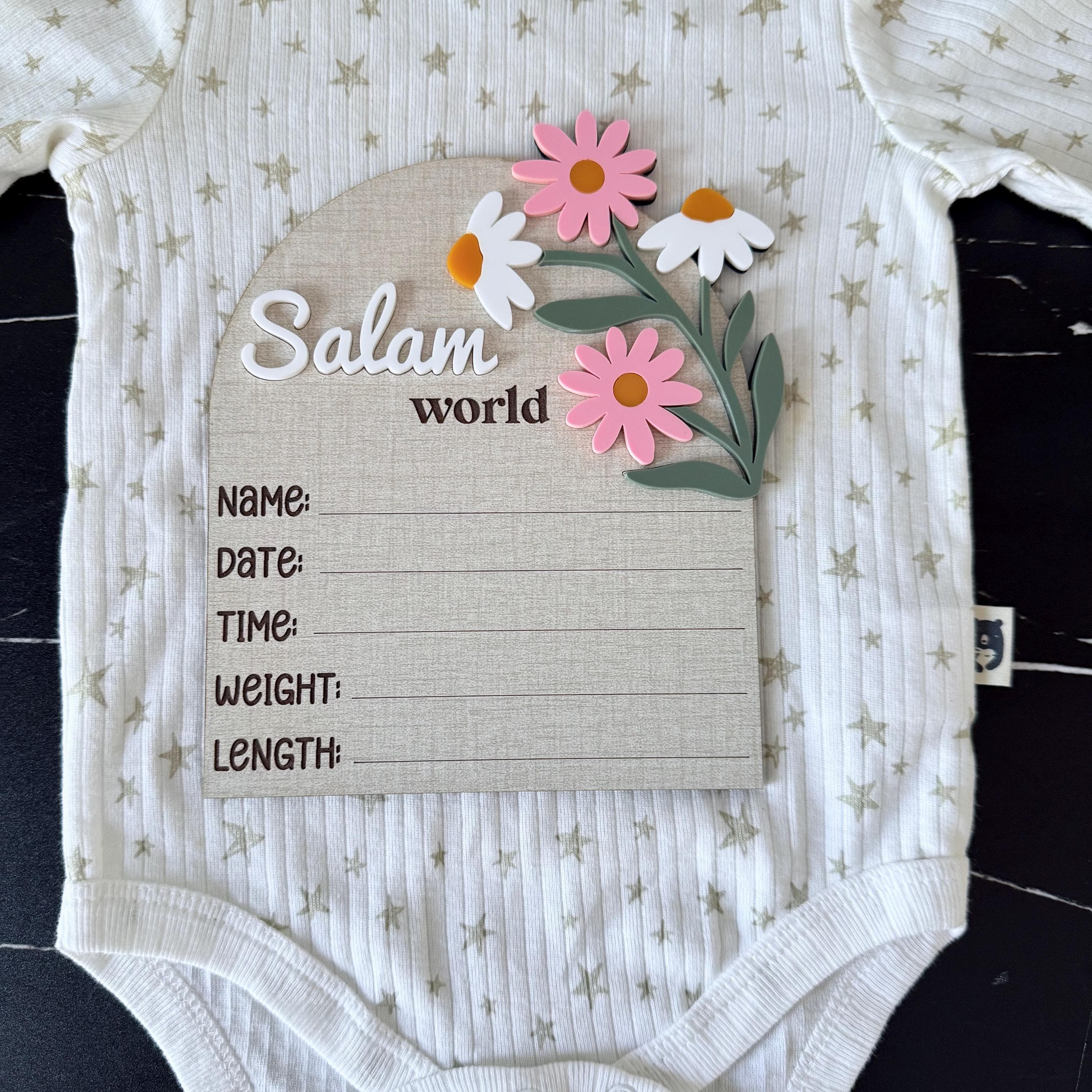 Salam World Baby girl Announcement Sign | Newborn Birth Stat Plaque | Wood & Acrylic Floral Nursery Decor |  Hospital Photo Prop - image 2