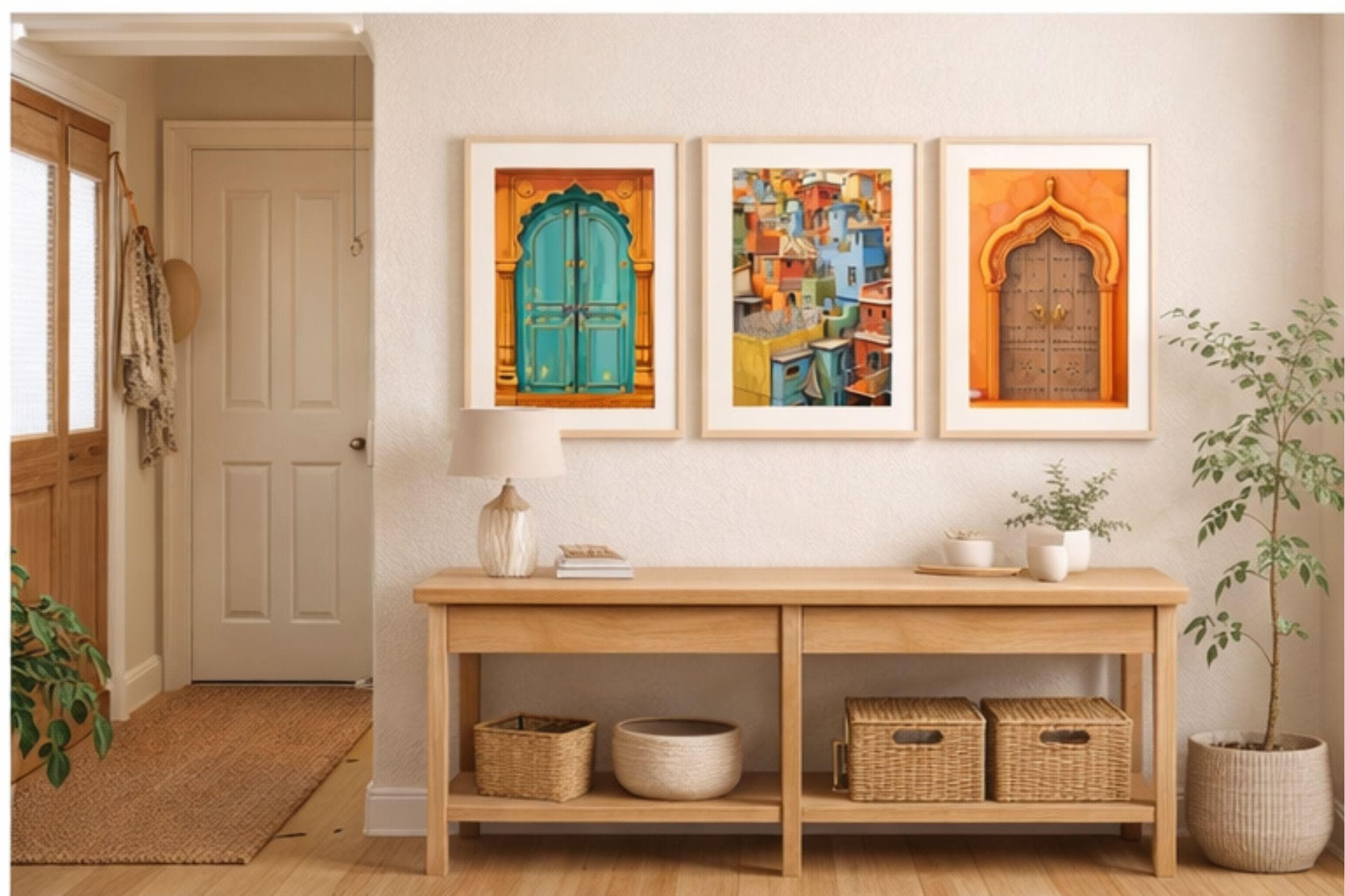 Indian Door Wall Art Set of 3, Framed Boho Wall Decor, Colorful Architectural Prints, Wooden Frame Living Room Art, Bedroom Wall Art