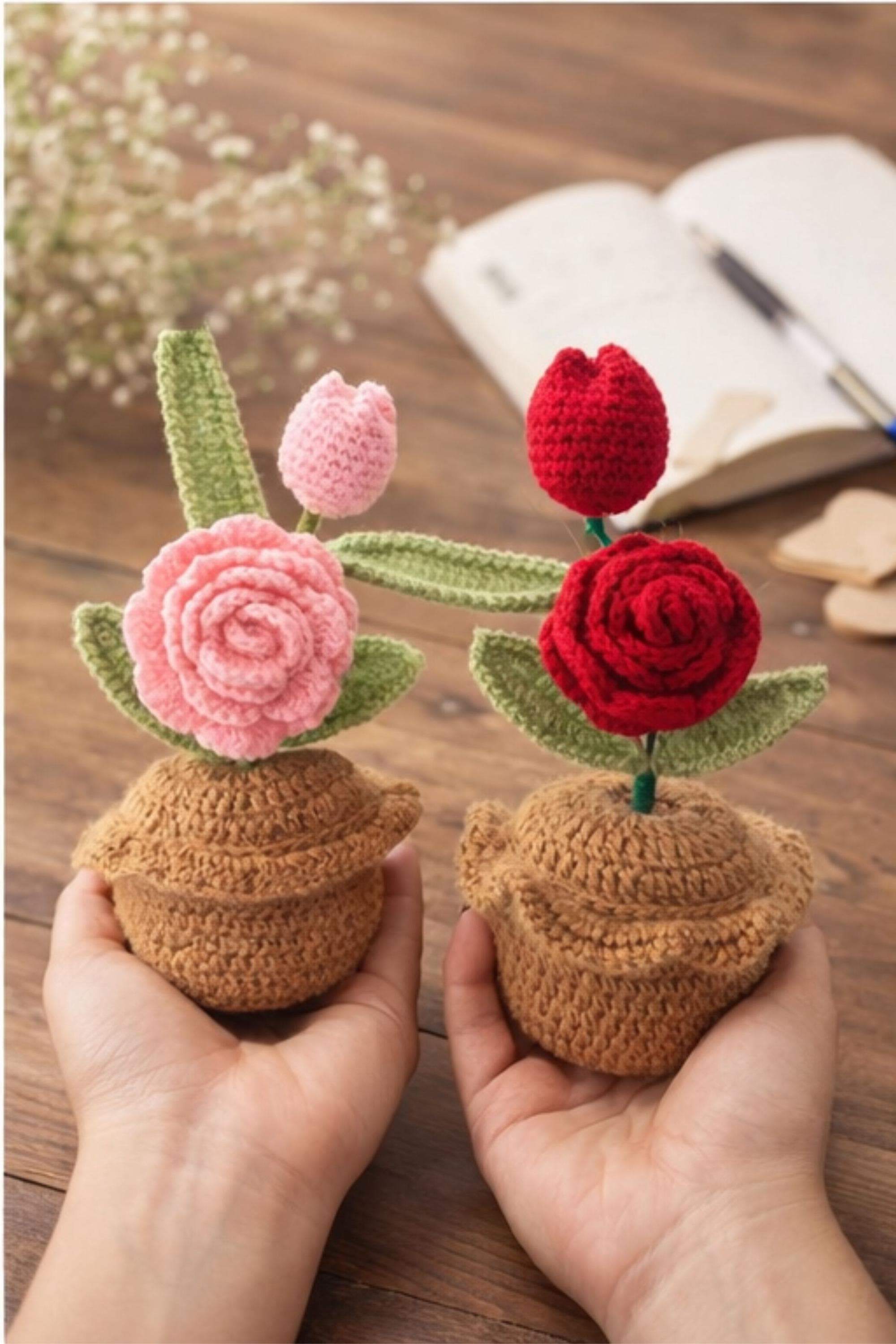 Crochet Flower Pot, Handmade Rose & Tulip Crochet Plant, Amigurumi Flower Decor, Cute Desk Decor, Crochet Flower Gift, Handmade Home Decor - image 2