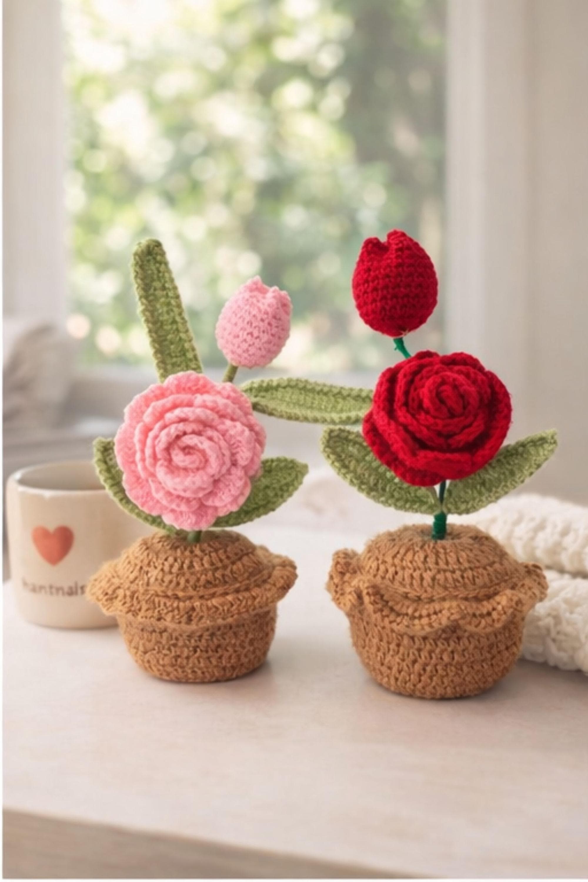 Crochet Flower Pot, Handmade Rose & Tulip Crochet Plant, Amigurumi Flower Decor, Cute Desk Decor, Crochet Flower Gift, Handmade Home Decor - image 4