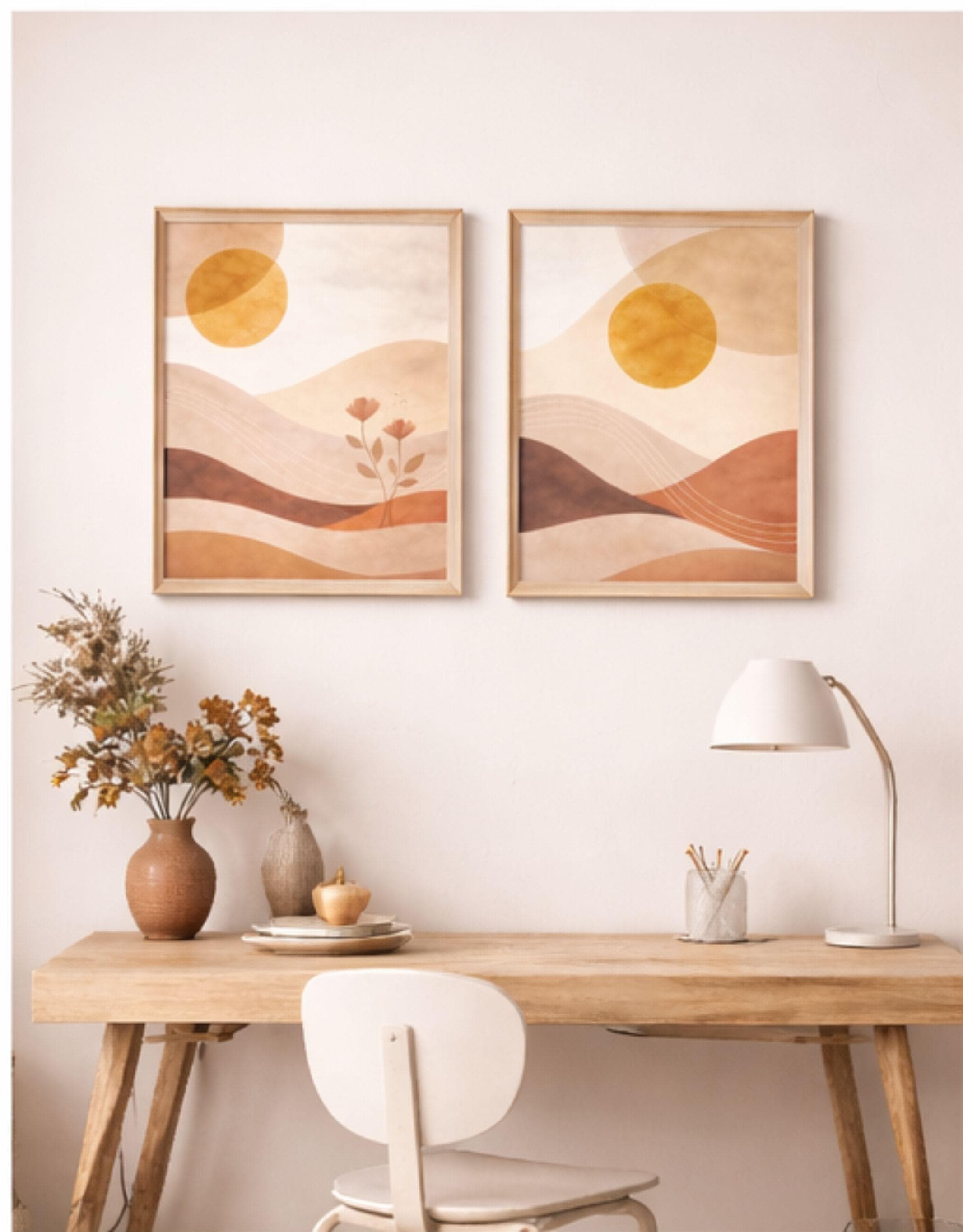 Japandi Wall Art Set of 2, Neutral Abstract Landscape Canvas Print, Minimalist Sun Terracotta Wall Decor, Modern Boho Living Room Wall Art