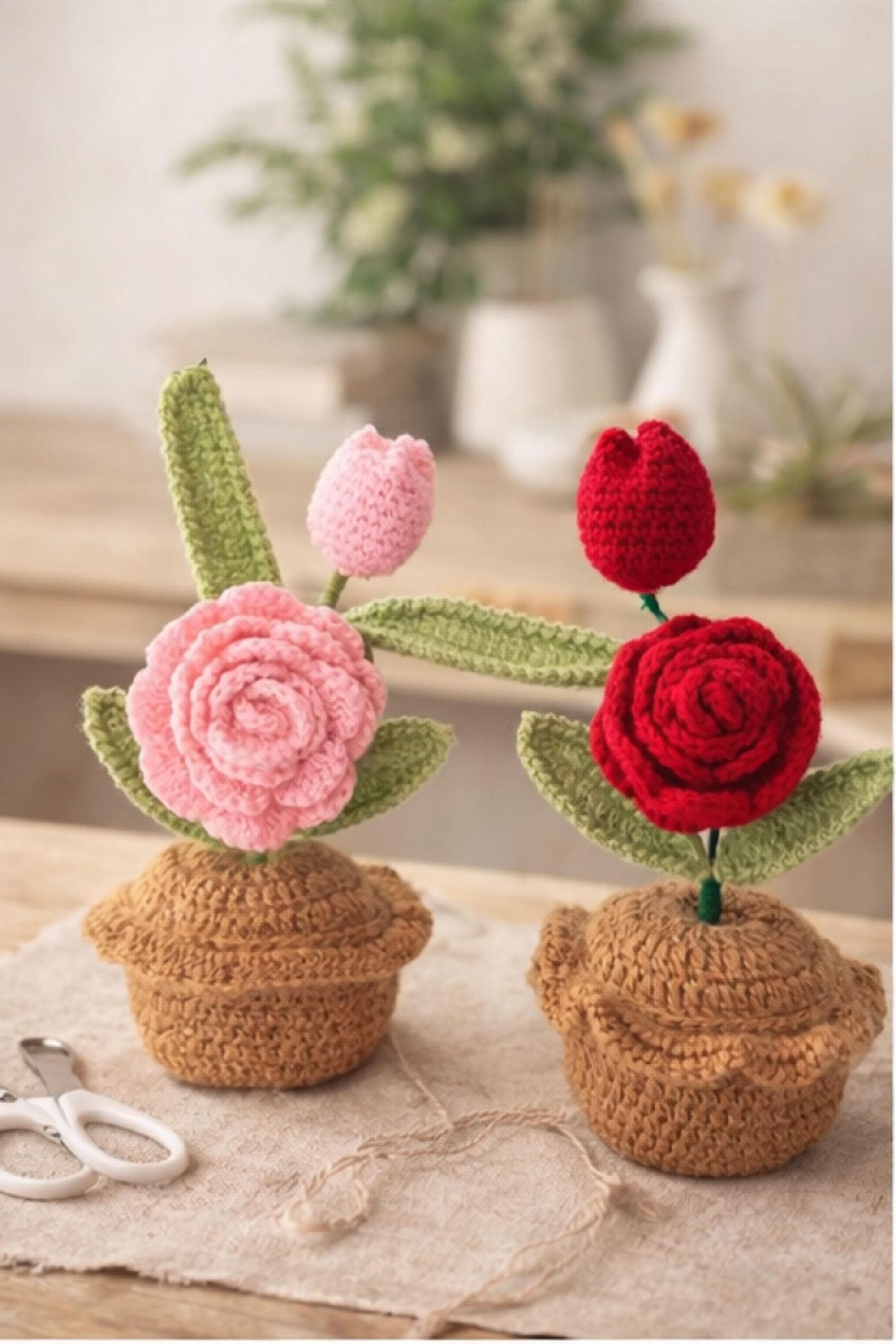 Crochet Flower Pot, Handmade Rose & Tulip Crochet Plant, Amigurumi Flower Decor, Cute Desk Decor, Crochet Flower Gift, Handmade Home Decor