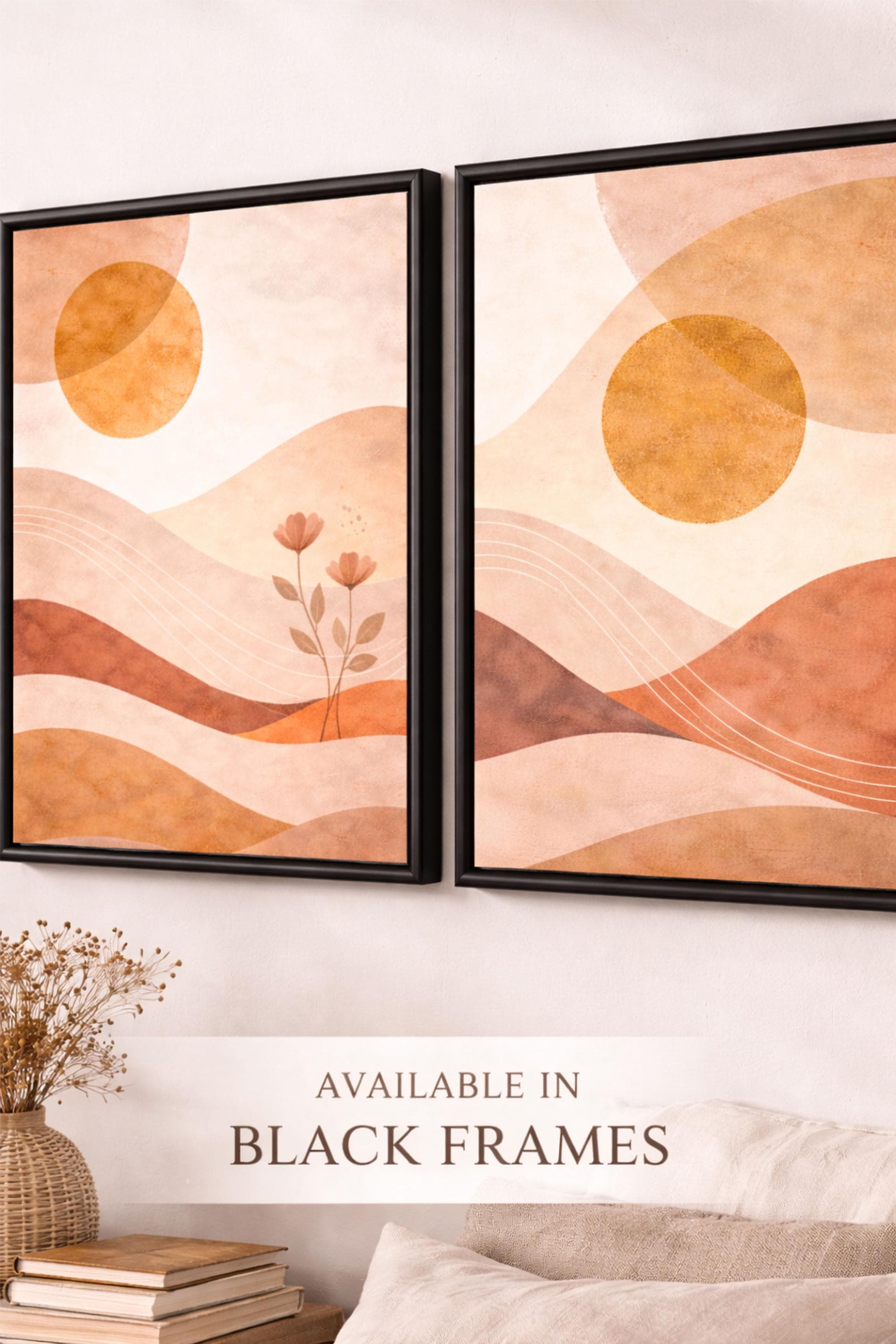 Japandi Wall Art Set of 2, Neutral Abstract Landscape Canvas Print, Minimalist Sun Terracotta Wall Decor, Modern Boho Living Room Wall Art - image 5