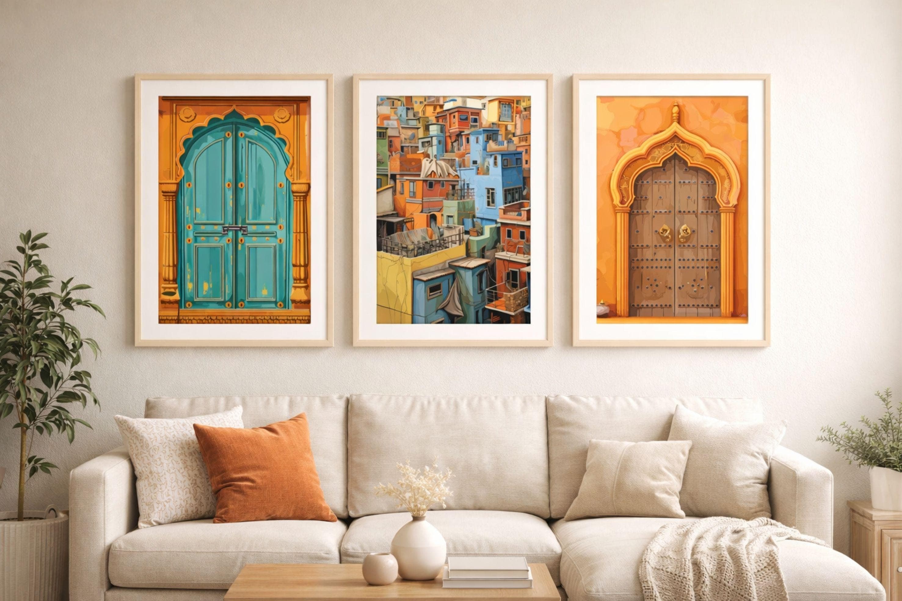Indian Door Wall Art Set of 3, Framed Boho Wall Decor, Colorful Architectural Prints, Wooden Frame Living Room Art, Bedroom Wall Art - image 3