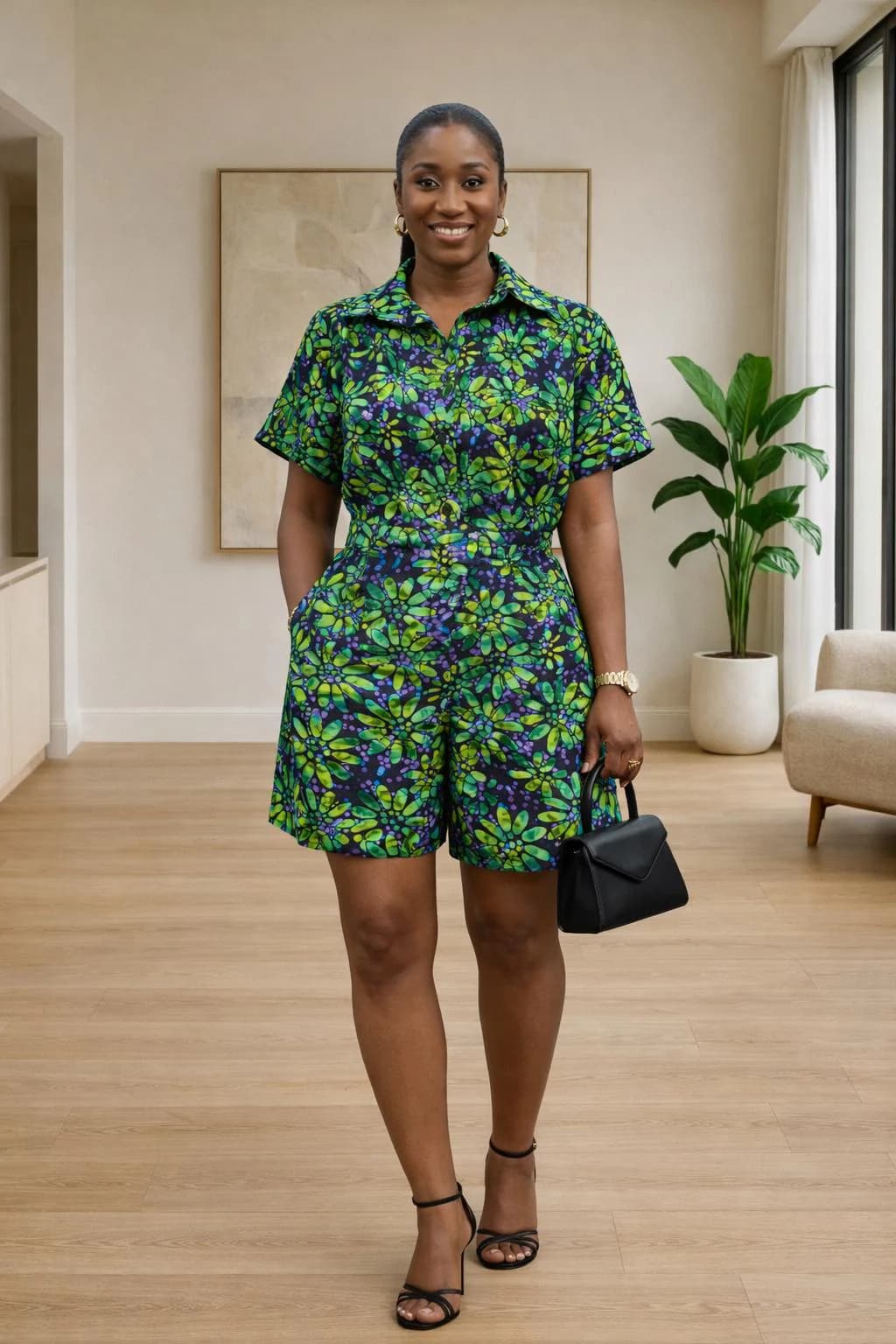 Green African Print Button-Front Romper – Tailored Ankara jumpsuit - image 5
