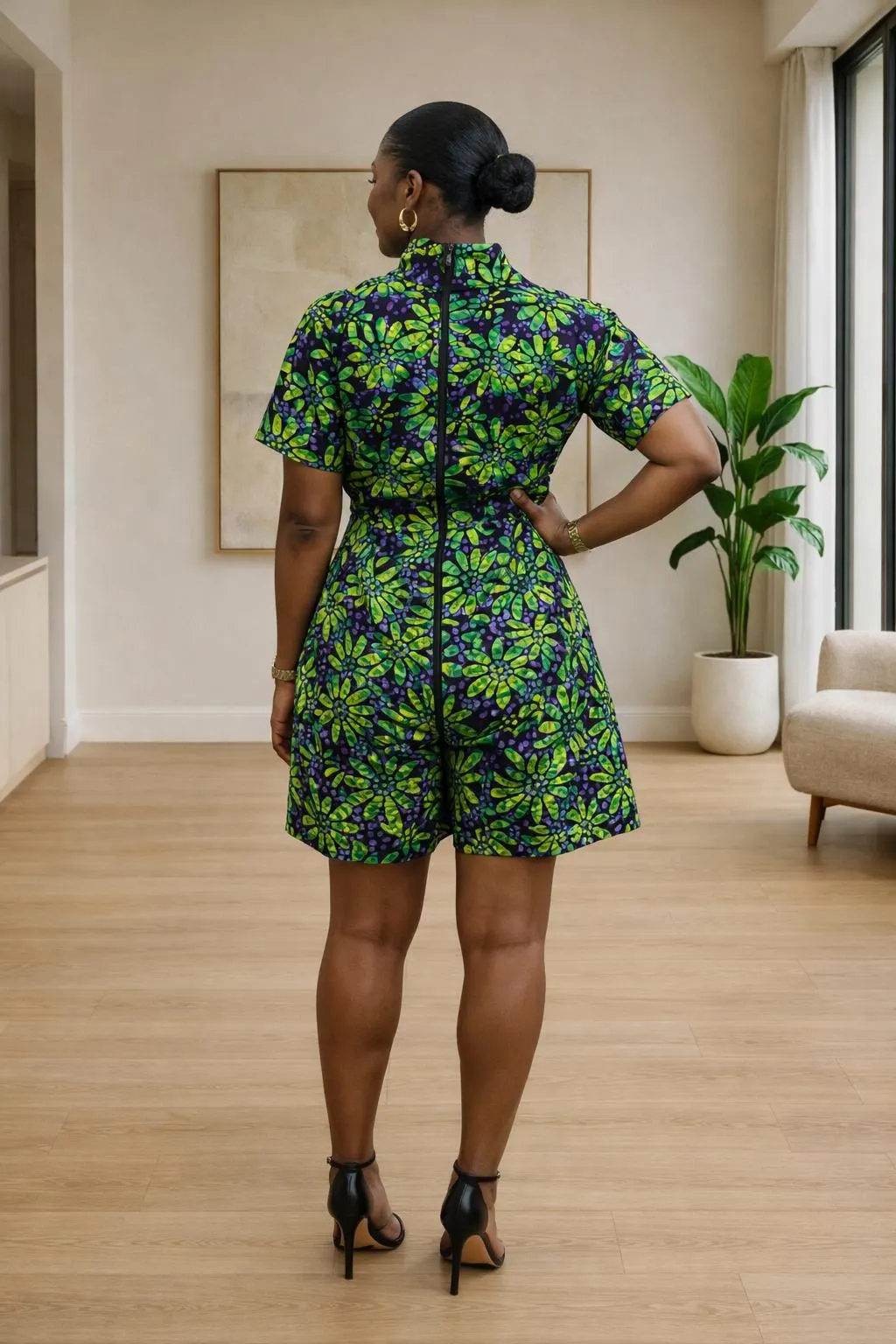 Green African Print Button-Front Romper – Tailored Ankara jumpsuit - image 4